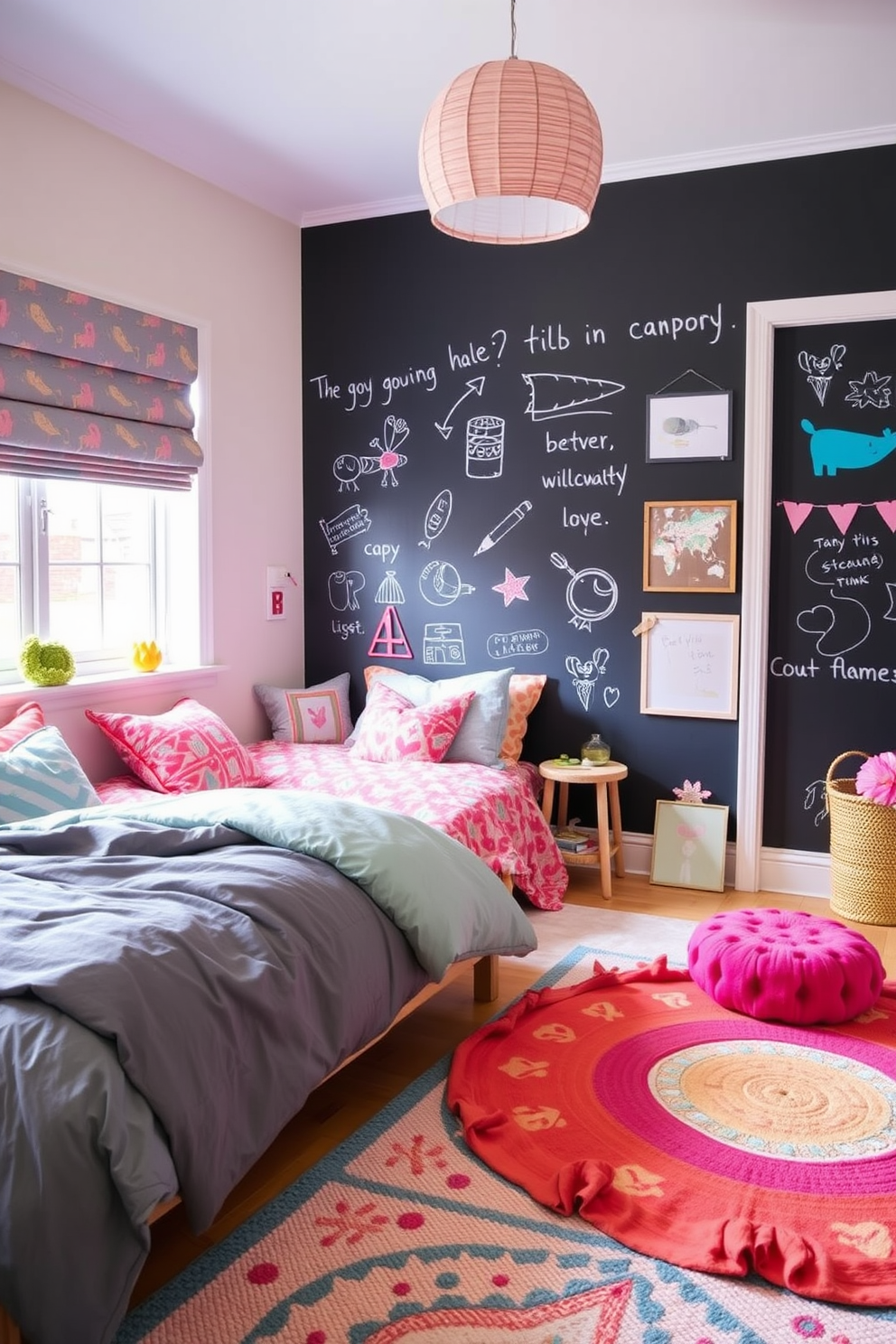 A playful girls bedroom featuring an interactive wall painted with chalkboard paint. The room is adorned with colorful bedding, soft rugs, and whimsical decor that encourages creativity and fun.