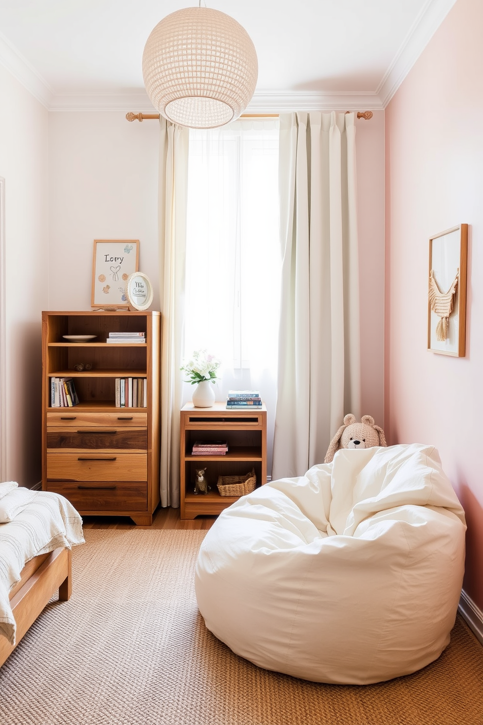 A charming girls bedroom featuring cottage style decor with pastel-colored furniture. The room is adorned with a cozy bed draped in soft pink linens and surrounded by whimsical wall art. A vintage dresser in a light mint green sits opposite the bed, topped with a collection of delicate trinkets. A plush area rug in a subtle floral pattern adds warmth to the space, while sheer curtains allow soft natural light to filter in.