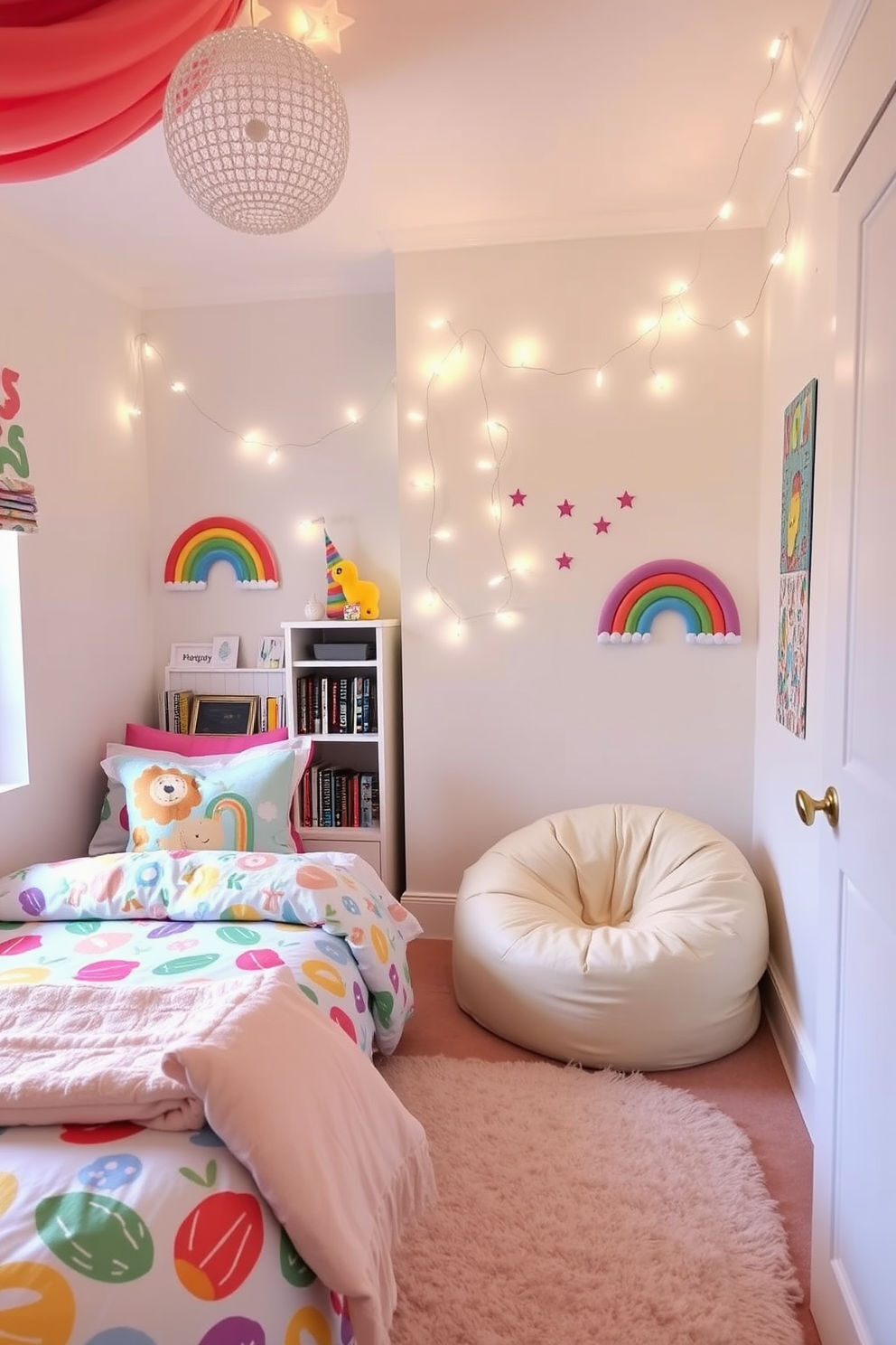 A bright and cheerful girls bedroom filled with playful rainbow accents. The walls are painted in a soft pastel color, and colorful bedding features vibrant patterns that bring the room to life. A cozy reading nook is set up in one corner with a plush bean bag chair and a small bookshelf filled with favorite stories. Whimsical wall art and fairy lights add a magical touch to the overall design.