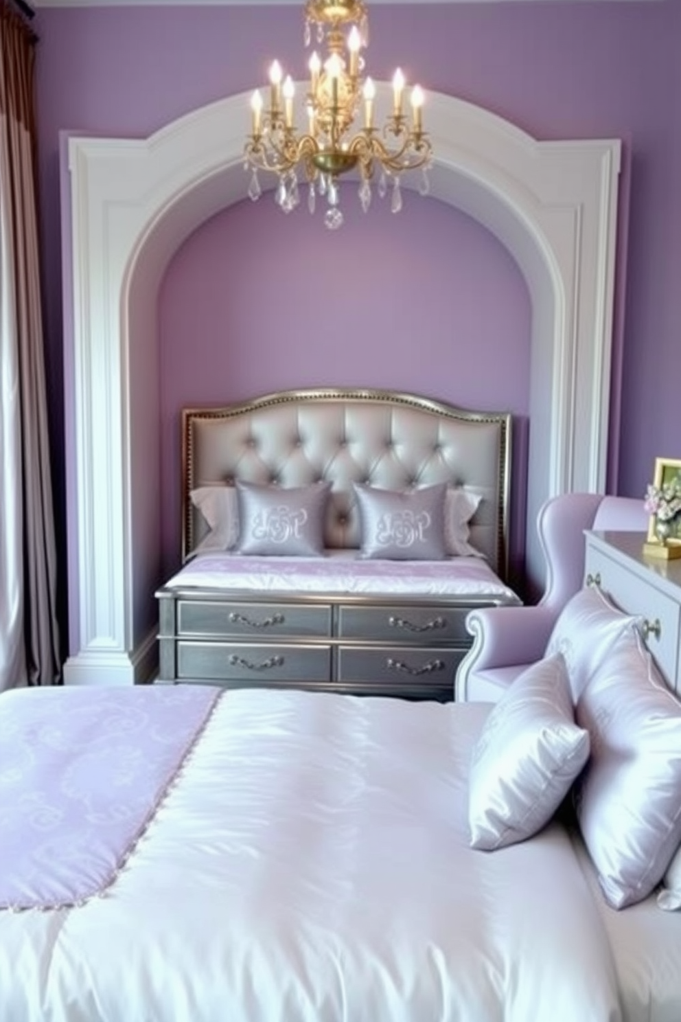 A whimsical girls bedroom featuring a fantasy forest mural that covers one wall, depicting tall trees with vibrant leaves in shades of green and purple. The room is adorned with soft pastel furnishings, including a plush bed with a canopy, whimsical fairy lights, and a cozy reading nook with oversized cushions.