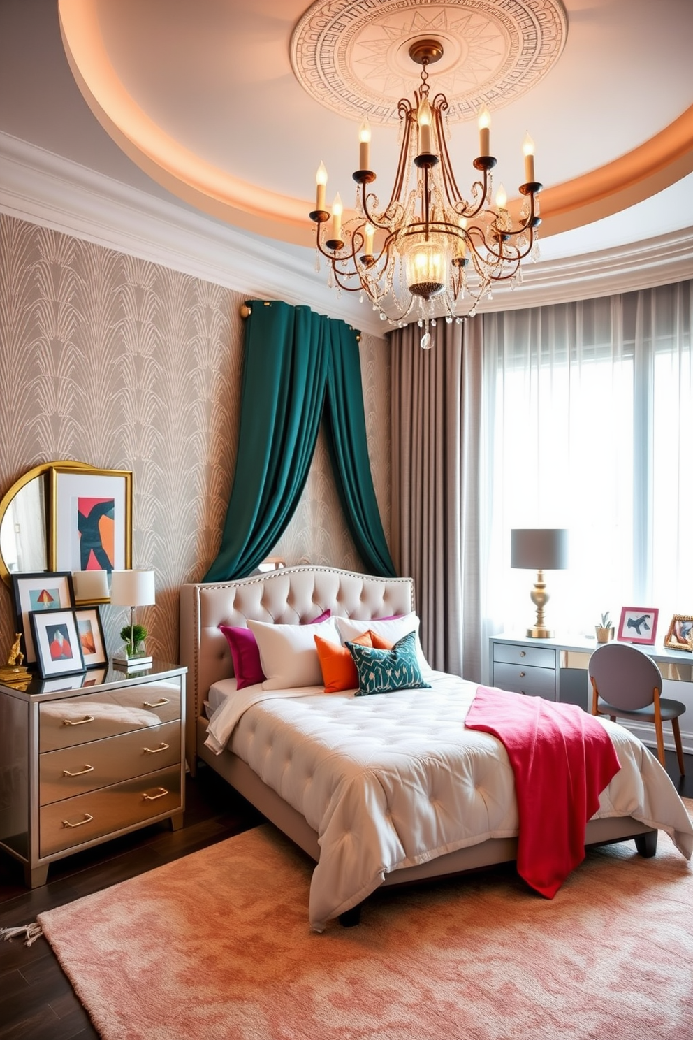 A vibrant girls bedroom featuring a colorful patchwork quilt spread across a cozy bed. The pillows are adorned with playful patterns and bright hues, creating a cheerful and inviting atmosphere.