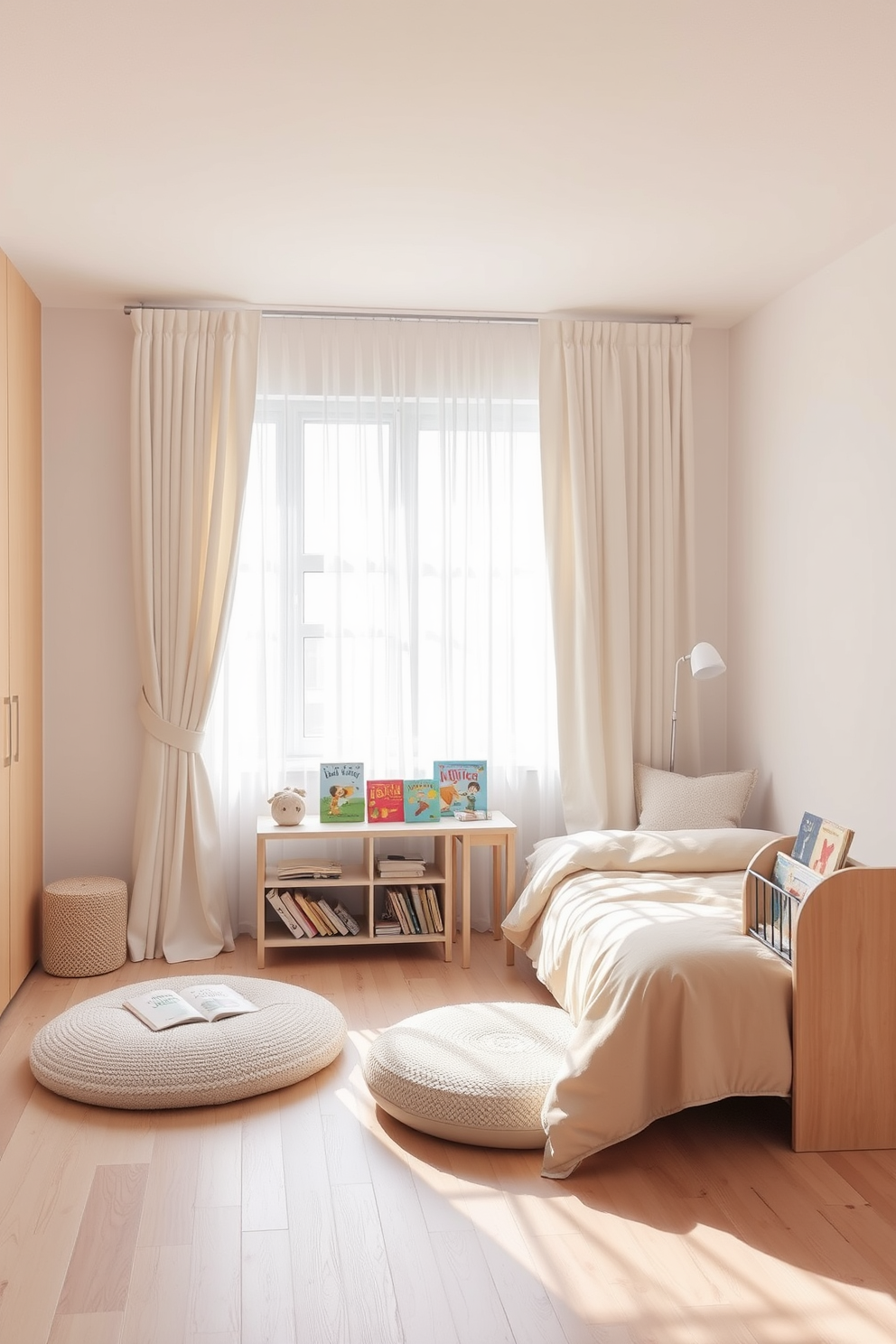 A serene girls bedroom featuring a minimalist design with soft neutral tones. The room includes a simple bed with a light beige duvet and a small bedside table with a sleek lamp. Natural light floods the space through sheer white curtains, illuminating the light wood flooring. A cozy reading nook is created with a plush floor cushion and a small bookshelf filled with colorful storybooks.