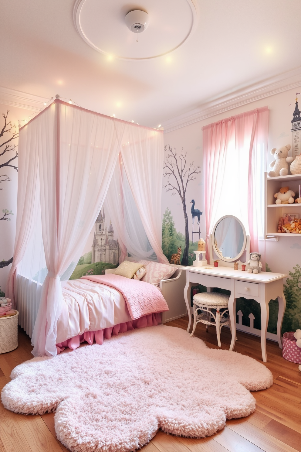 A whimsical fairy tale themed girls bedroom features a canopy bed draped with soft pastel fabrics and fairy lights twinkling above. The walls are adorned with murals of enchanted forests and castles, while a plush area rug in the shape of a cloud adds comfort underfoot. A vintage dressing table with a round mirror sits beside the bed, surrounded by shelves filled with storybooks and stuffed animals. Delicate curtains in light pink flutter at the window, allowing soft natural light to brighten the space.