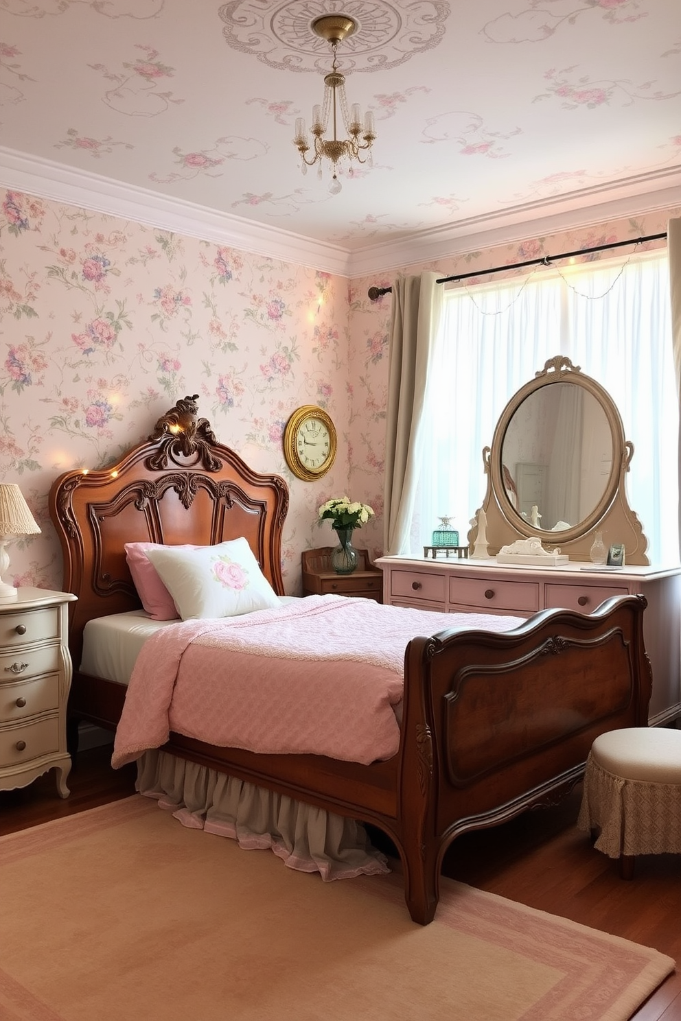 A vintage chic girls bedroom featuring an antique wooden bed with a beautifully carved headboard. The room is adorned with floral wallpaper in soft pastel colors and a cozy area rug that adds warmth to the space. A vintage dresser with ornate details sits against one wall, complemented by a large round mirror. Delicate fairy lights are draped across the window, creating a whimsical ambiance in the room.