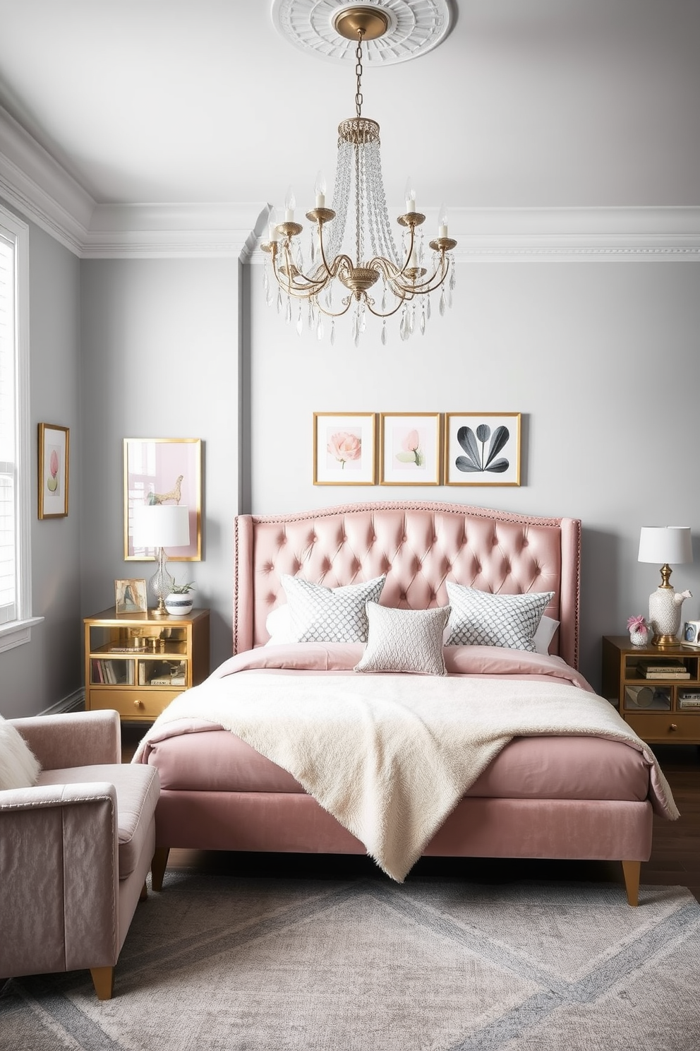 A modern glam girls bedroom featuring a plush velvet bed with a tufted headboard in a soft blush color. The room is adorned with metallic accents including a gold bedside table and a shimmering chandelier hanging from the ceiling. The walls are painted in a light gray hue, complemented by a stylish area rug with geometric patterns. Decorative elements include framed artwork with pastel colors and a cozy reading nook by the window with a plush chair and soft throw pillows.