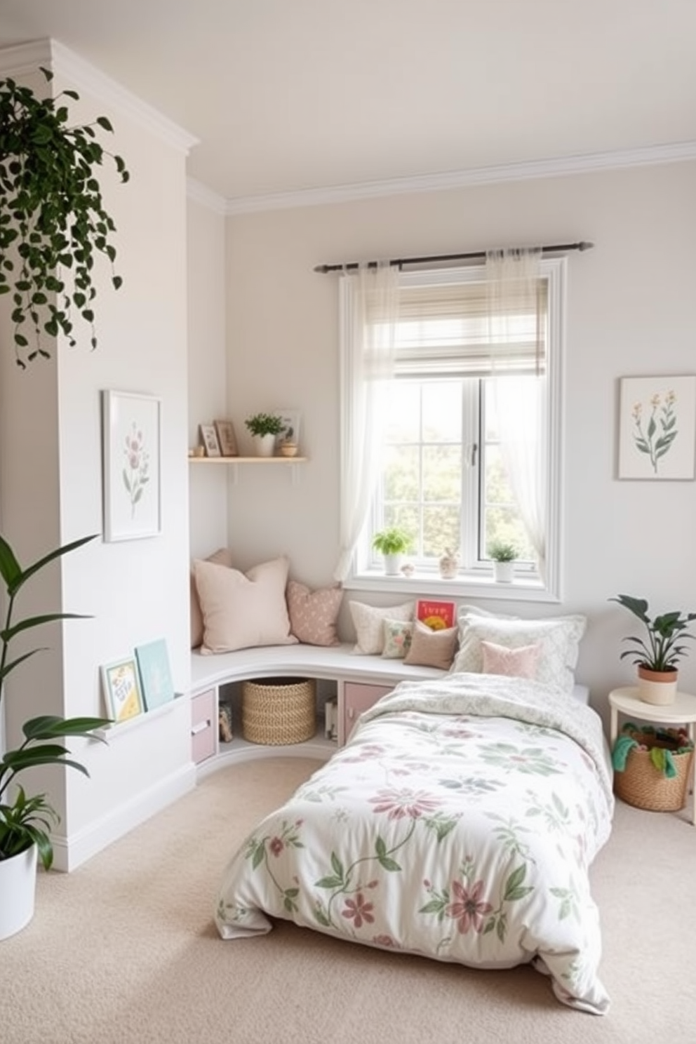 A modern girls bedroom featuring a striking black and white color scheme. The walls are painted in crisp white with one accent wall in deep black, creating a bold contrast. The room includes a sleek black bed frame with white bedding and decorative pillows. A stylish white desk with black accents is positioned near a window, complemented by a cozy reading nook with a black and white patterned chair.