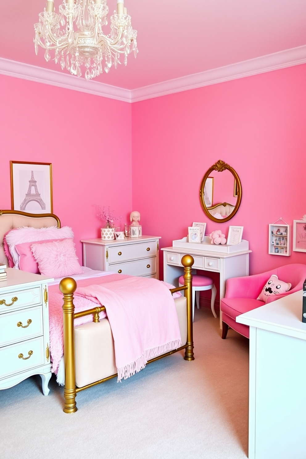 A whimsical girls bedroom filled with enchanting unicorn and rainbow elements. The walls are painted in pastel colors with a large mural of a rainbow arching over fluffy clouds. A cozy bed is adorned with a colorful unicorn-themed duvet cover and plush pillows in various shades of pink and purple. A playful area rug featuring unicorns and stars adds a touch of magic to the room's design.