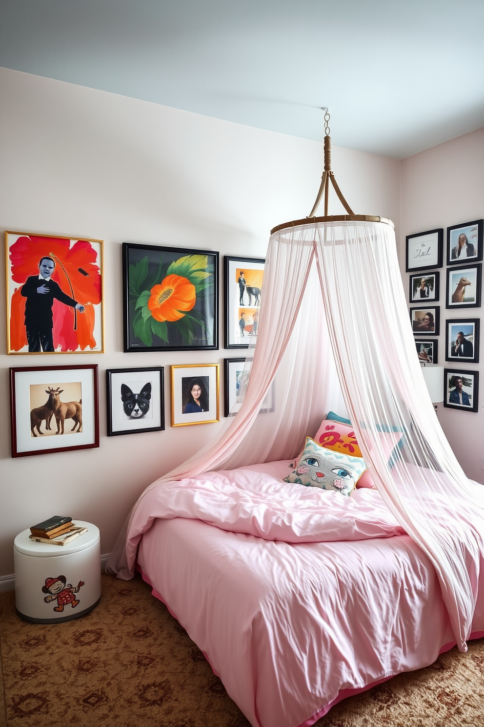 Artistic gallery wall featuring a curated collection of personal photos in various frames. The wall is painted in a soft pastel color, creating a warm and inviting atmosphere in the girls bedroom. The room is adorned with playful decor elements such as whimsical bedding and colorful cushions. A cozy reading nook with a plush chair and a small bookshelf adds charm and functionality to the space.