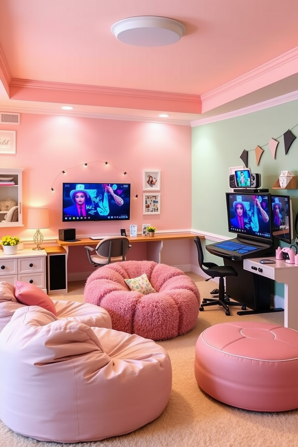 A vibrant tropical themed gaming room filled with bright colors and playful decor. The walls are painted in a lively turquoise, adorned with palm leaf wallpaper and framed tropical art. A plush bean bag chair in a bold floral print sits in one corner, while a large gaming desk features a sleek setup with colorful LED lighting. The floor is covered in a soft, bright yellow rug, providing a cheerful contrast to the space.