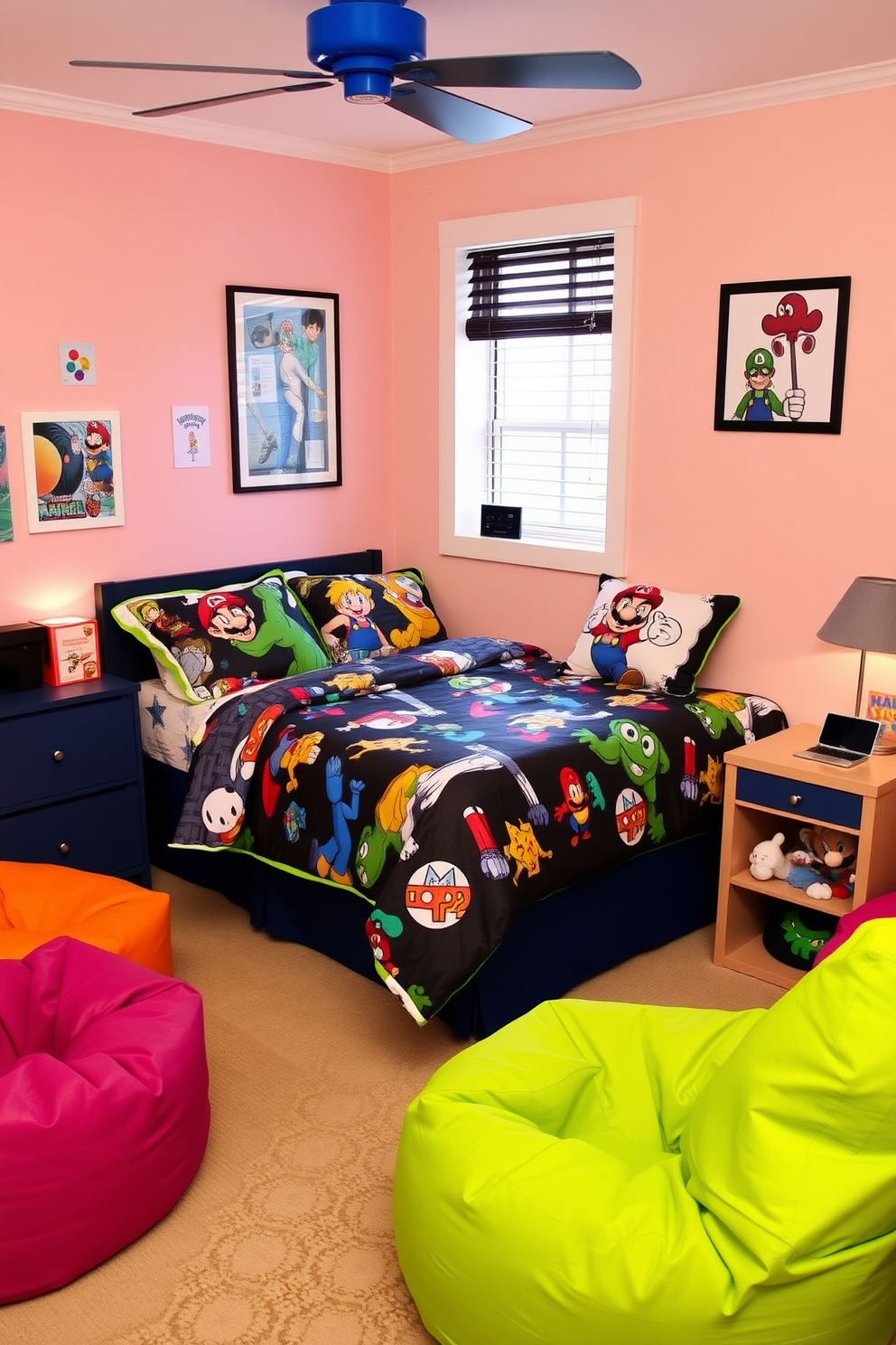 A vibrant game room designed for girls featuring wall art that showcases favorite video game characters. The space includes a cozy seating area with colorful bean bags and a sleek gaming console setup.