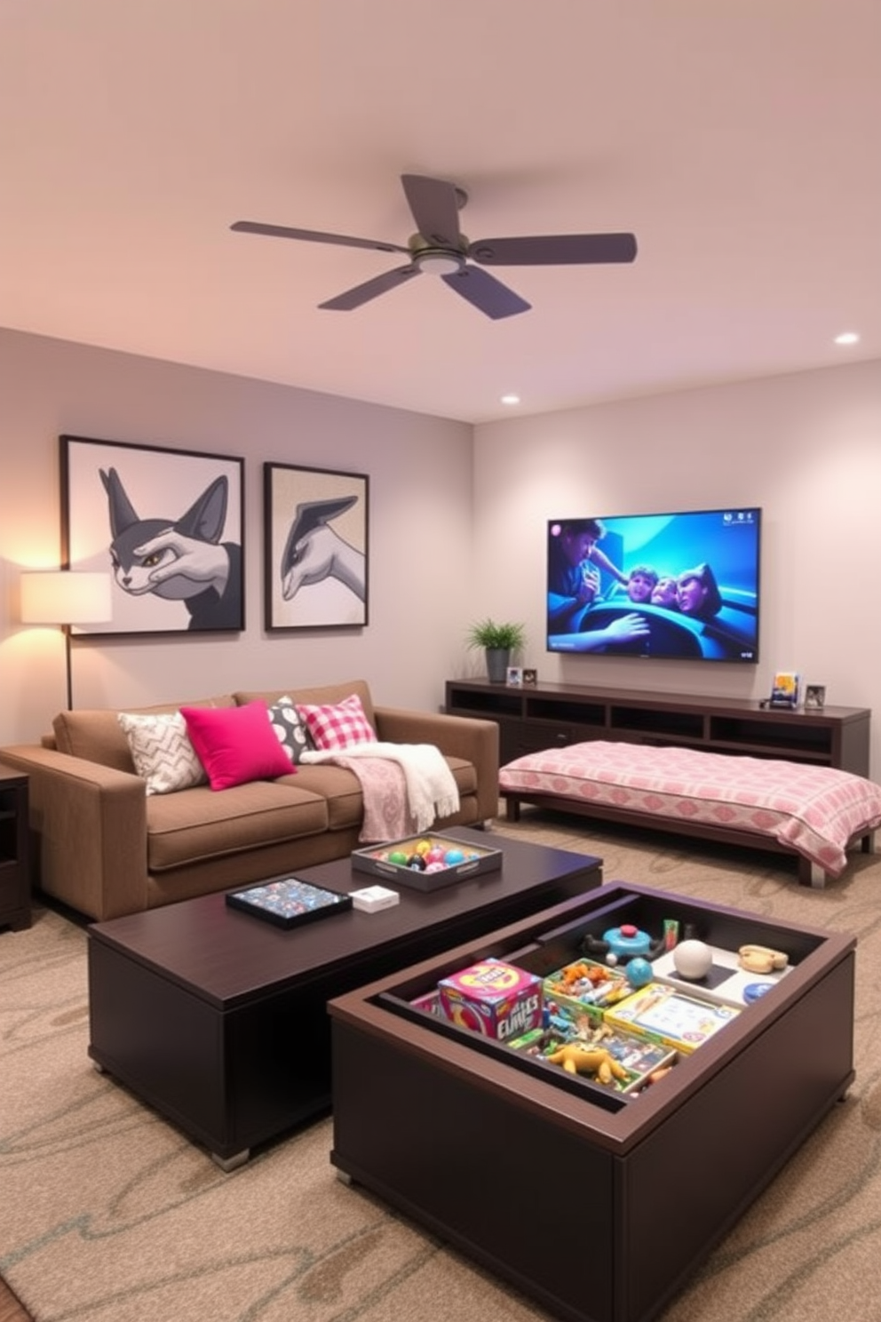 A vibrant game room designed for girls featuring interactive wall decals that inspire creativity. The space includes a cozy seating area with colorful bean bags and a playful gaming console setup.