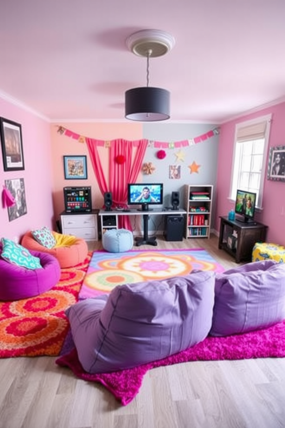 Create a vibrant girls game room featuring colorful rugs that define the gaming area. The walls should be painted in playful pastel shades, and comfortable seating options like bean bags and floor cushions should be arranged around a central gaming console.