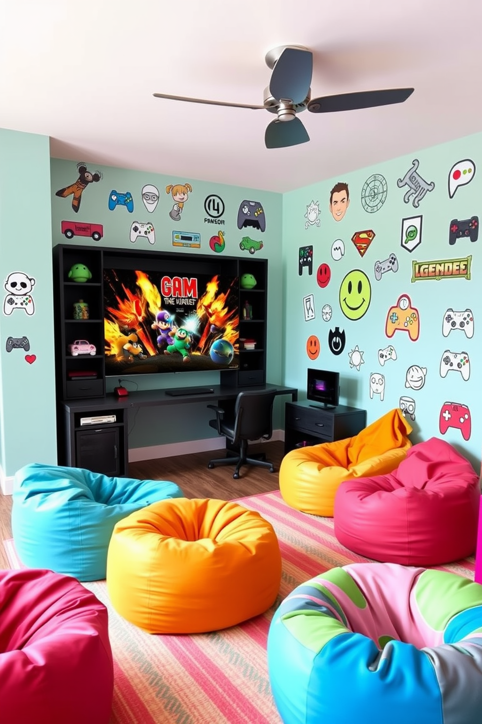 A vibrant game room designed for girls featuring wall decals of favorite game icons. The space is filled with colorful bean bag chairs and a cozy rug, creating an inviting atmosphere for gaming and relaxation.