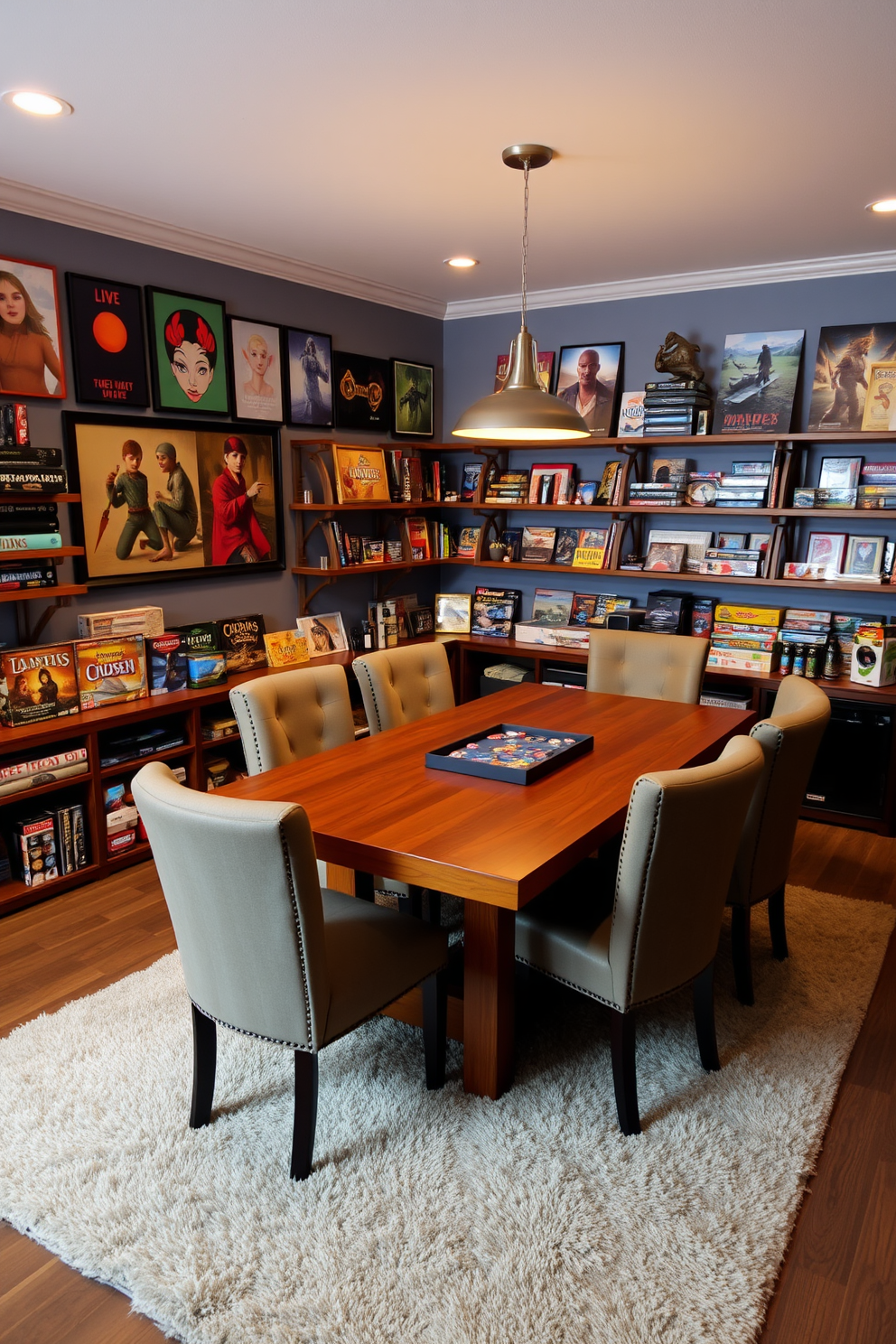 A dedicated area for tabletop games features a large wooden table surrounded by comfortable upholstered chairs. The walls are adorned with colorful artwork and shelves filled with board games, creating a vibrant and inviting atmosphere. Soft lighting fixtures hang above the table, providing a warm glow for evening game nights. A plush area rug underfoot adds comfort, while a snack station in the corner ensures refreshments are always within reach.