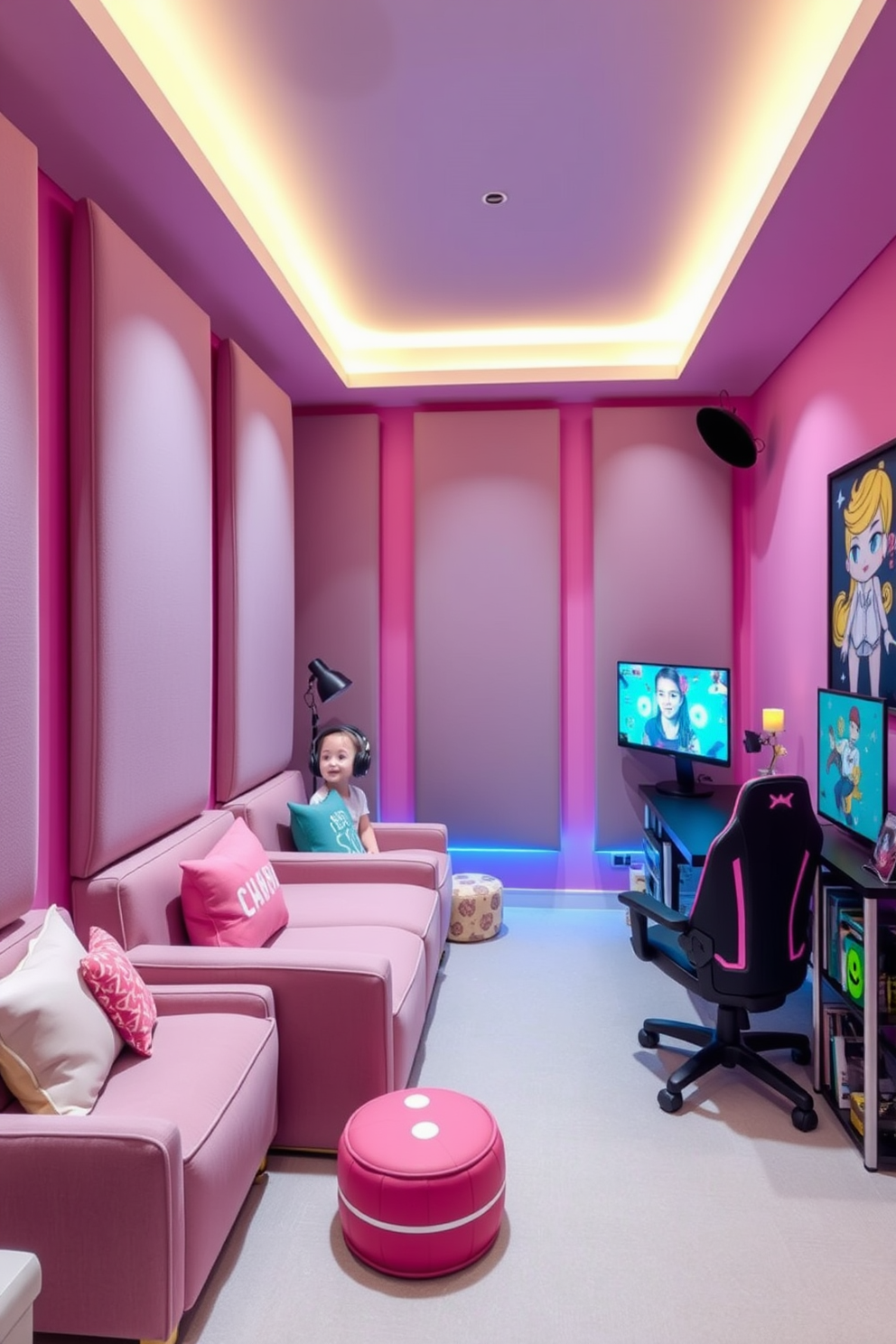 A stylish gaming room designed for girls featuring soundproofing panels on the walls to enhance acoustics and minimize noise. The space is decorated with pastel colors and playful accents, including comfortable seating and vibrant artwork that reflects personal interests.