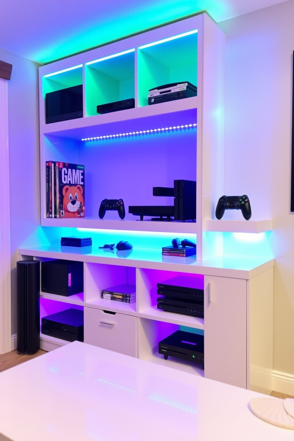 A custom gaming console display unit designed for a vibrant girls game room. The unit features colorful LED lighting, open shelves for game storage, and a sleek surface for displaying gaming consoles and accessories.