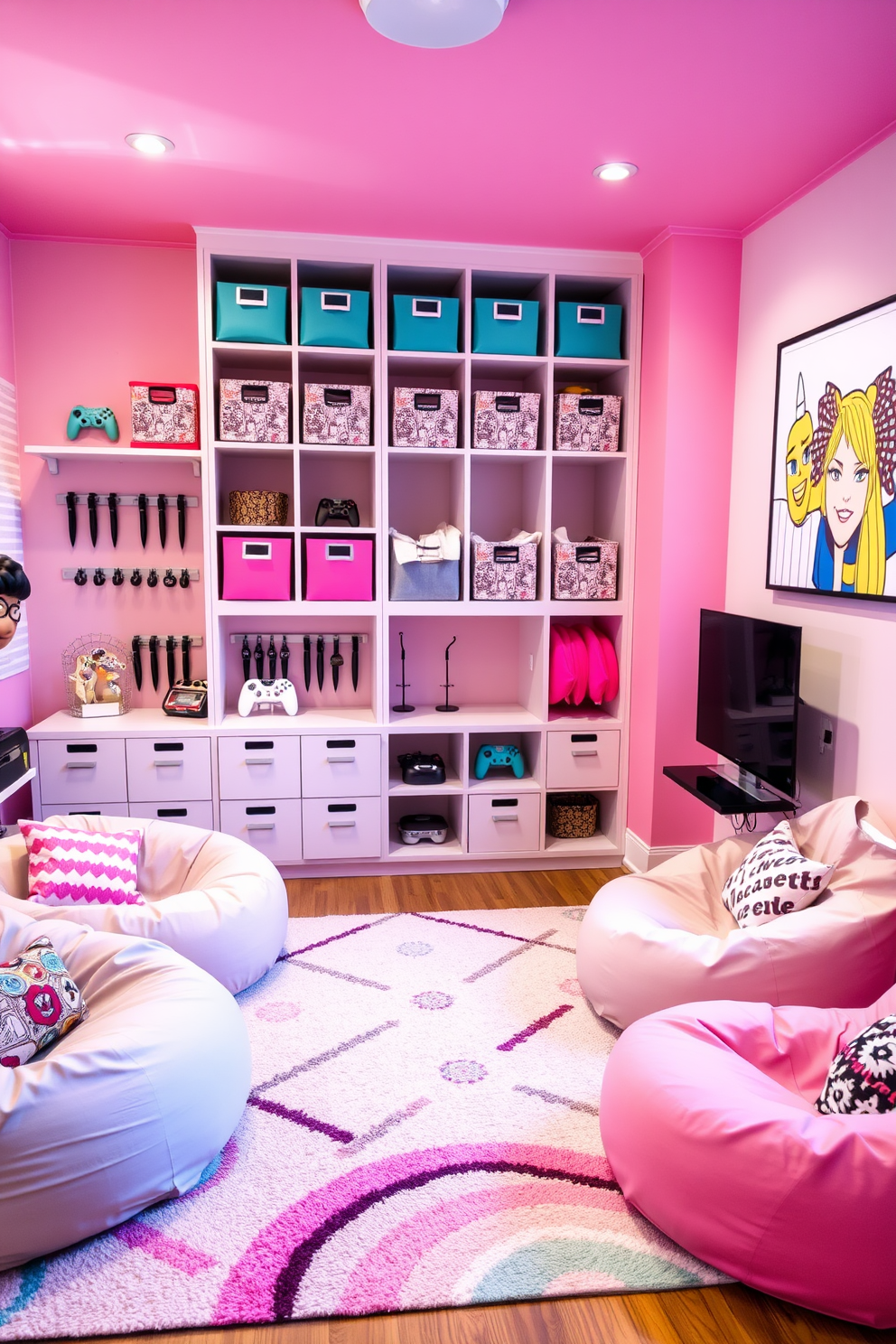 A stylish game room designed for girls features a vibrant color palette with pastel hues. Chic storage solutions for controllers are integrated into the decor, including a custom-built shelving unit adorned with decorative bins and hooks. The seating area is cozy, with plush bean bags and a trendy rug that ties the room together. Wall art showcasing favorite game characters adds a personal touch, while ambient lighting creates a fun and inviting atmosphere.