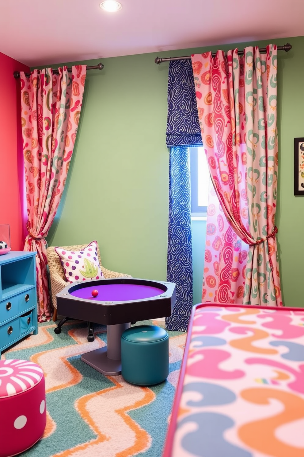 A vibrant game room designed for girls features stylish curtains that complement the playful color palette. The curtains are adorned with fun patterns and textures, enhancing the overall ambiance of the space.