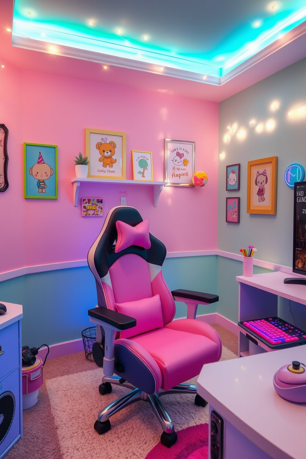 A vibrant girls game room featuring a gaming chair with built-in speakers. The walls are painted in pastel colors, adorned with playful wall art and fairy lights for a cozy atmosphere.