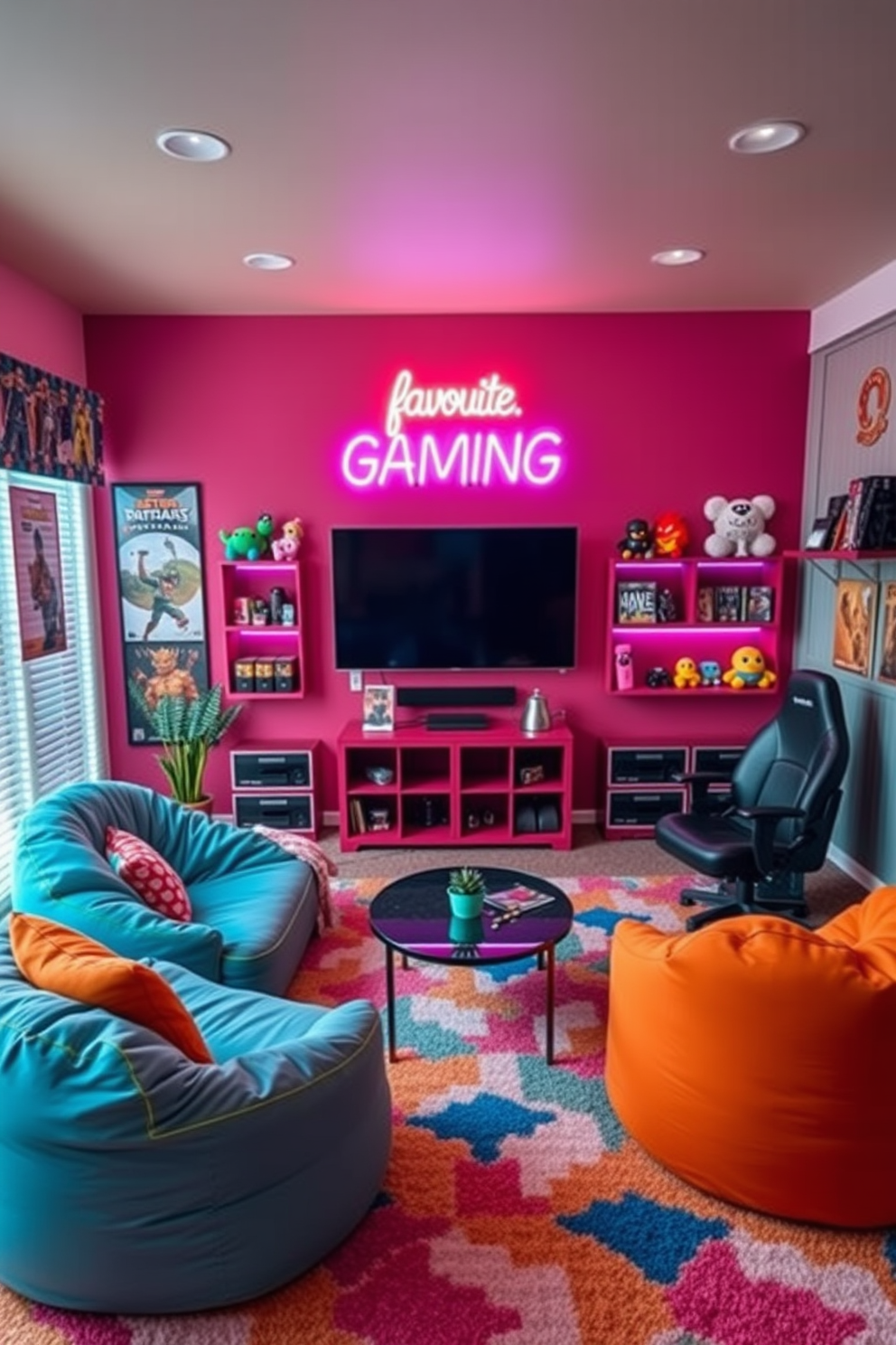 A vibrant girls game room filled with colorful decor and gaming-themed elements. The walls are adorned with a neon sign featuring a favorite gaming quote that lights up the space. Comfortable bean bags and a sleek gaming chair are arranged around a stylish coffee table. A large screen is mounted on the wall, surrounded by shelves showcasing game memorabilia and plush toys.