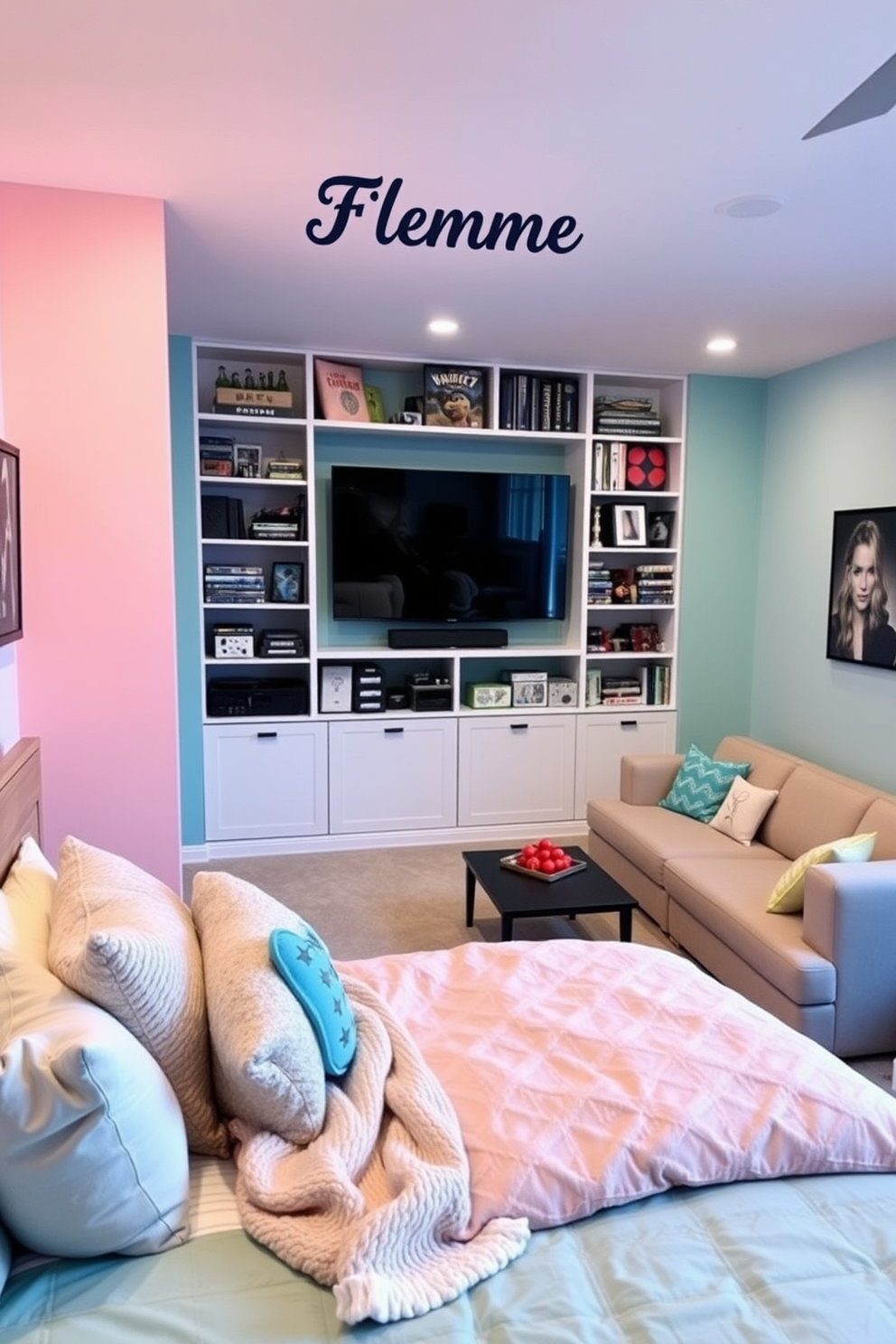 A vibrant game room designed for girls featuring a personalized name sign above a stylish desk. The walls are painted in a playful pastel color, and the floor is adorned with a soft, colorful area rug that invites relaxation and fun.