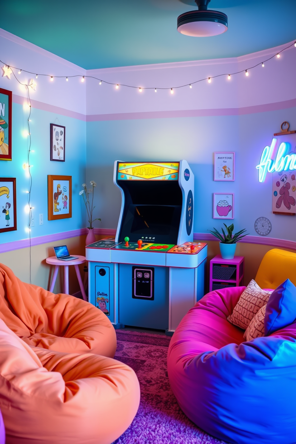 A vibrant girls game room filled with playful decor. The walls are adorned with vintage posters in colorful frames, creating an inviting atmosphere. A cozy seating area features a plush bean bag chair and a stylish rug. A game table sits in the center, surrounded by fun, whimsical lighting fixtures.