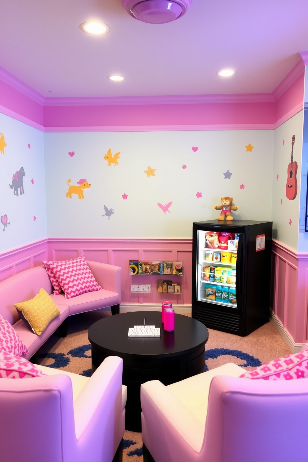 A vibrant game room designed for girls featuring a stylish mini fridge stocked with snacks and drinks. The walls are painted in a playful pastel color with fun wall decals, and plush seating is arranged around a large gaming console.