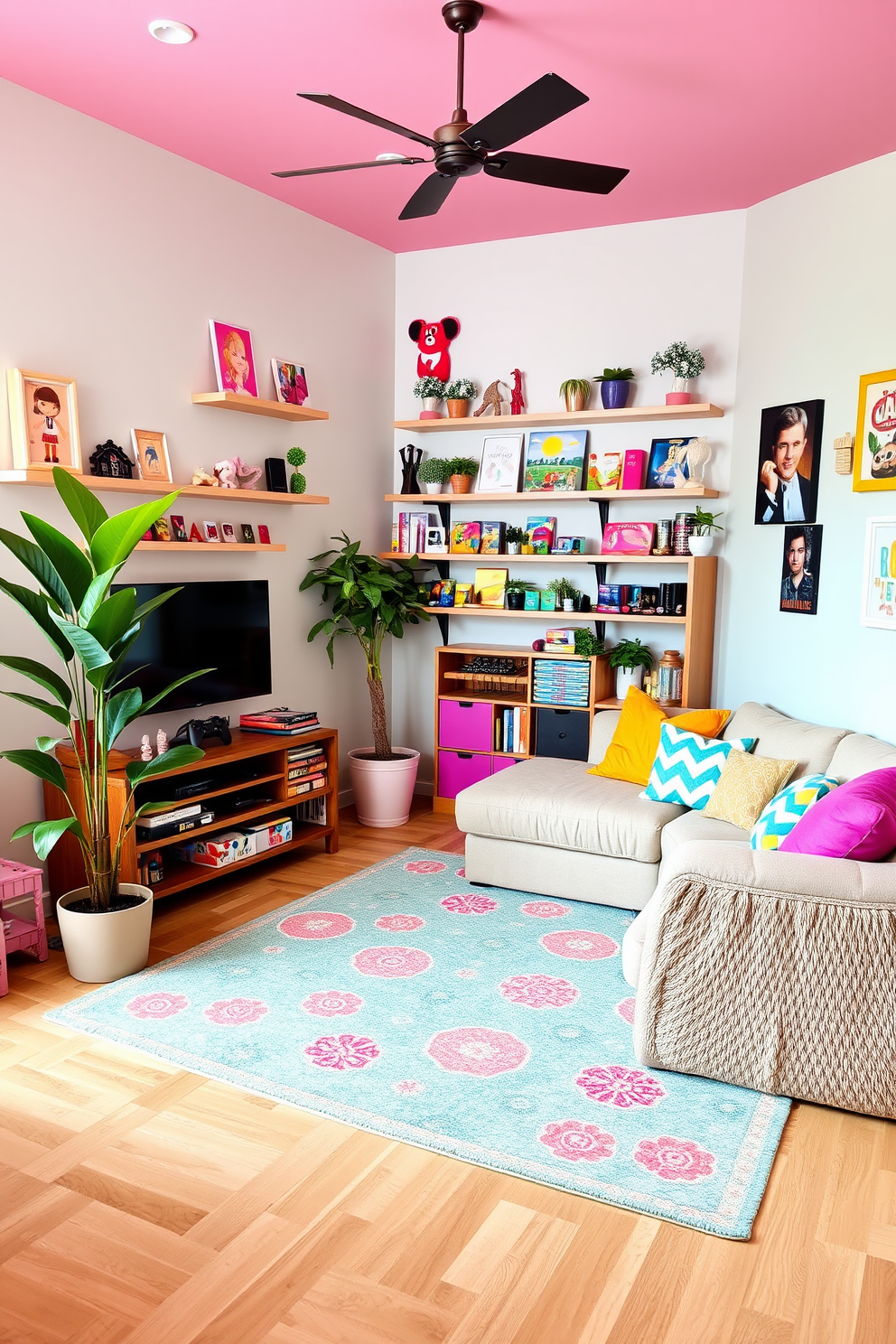 A lively girls game room filled with vibrant colors and playful decor. The walls are painted in a soft pastel hue, adorned with whimsical artwork and shelves displaying stuffed animals and trophies. A cozy seating area features a plush sectional sofa with colorful throw pillows. A large rug in fun patterns anchors the space, while a gaming console and board games are neatly organized in a stylish media unit. Indoor plants are strategically placed around the room, adding a fresh and vibrant feel. A tall potted plant in the corner complements the playful atmosphere, creating a lively and inviting environment.