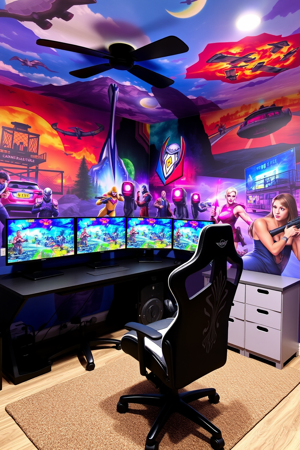 Artistic mural depicting vibrant gaming scenes fills the walls of a stylish girls game room. The room features a comfortable gaming chair and a sleek desk equipped with multiple monitors showcasing colorful game graphics.