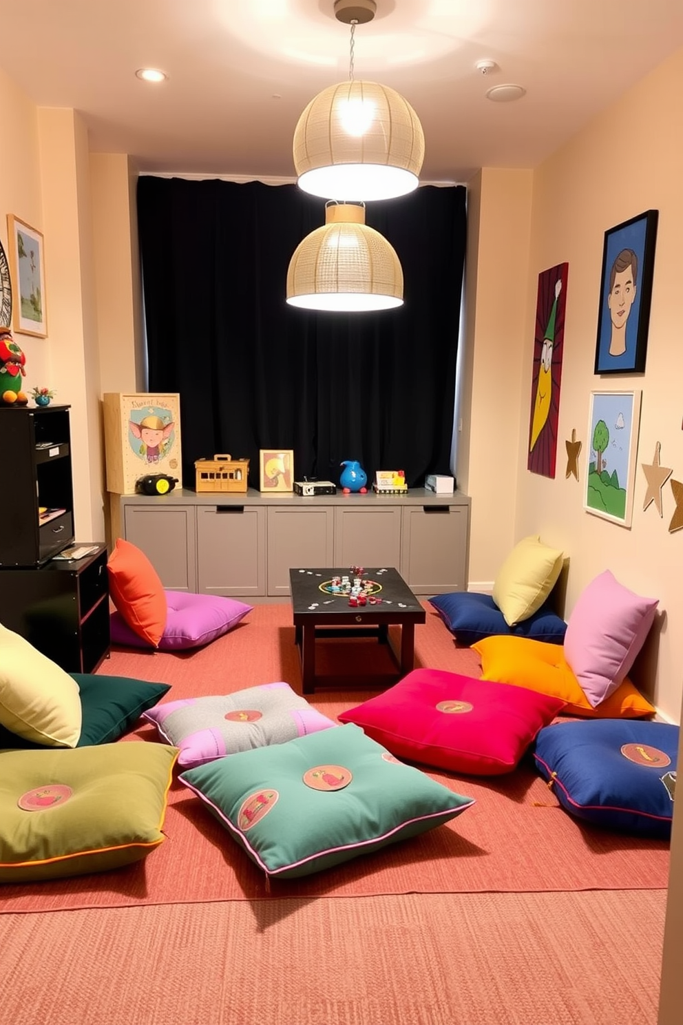 A cozy game room featuring comfortable floor cushions in vibrant colors scattered around a low table. The walls are adorned with playful artwork and the space is filled with soft lighting to create a welcoming atmosphere.