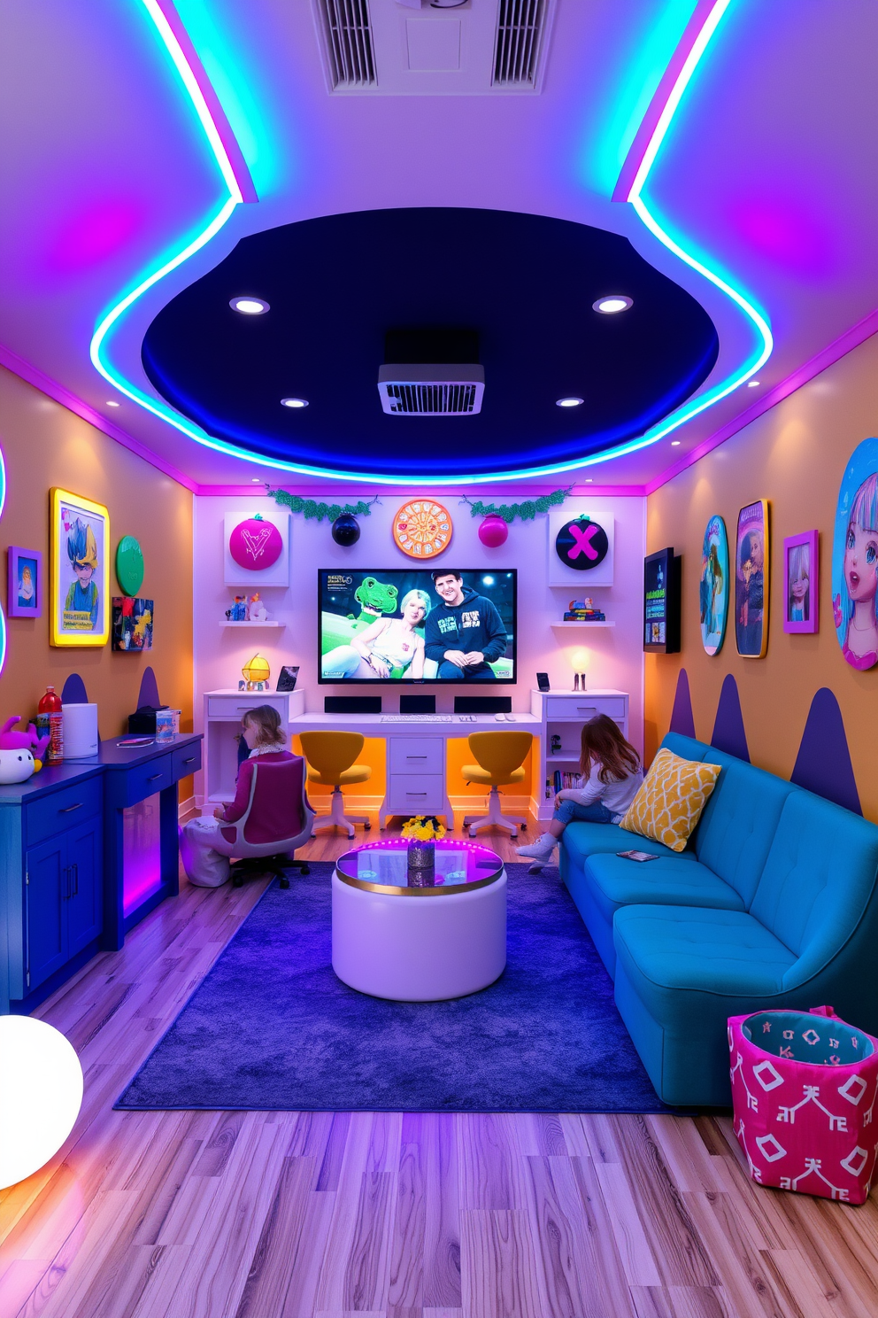 A vibrant game room designed for girls featuring playful decor and comfortable seating. Smart LED strips illuminate the space with adjustable colors, creating a fun and inviting atmosphere.