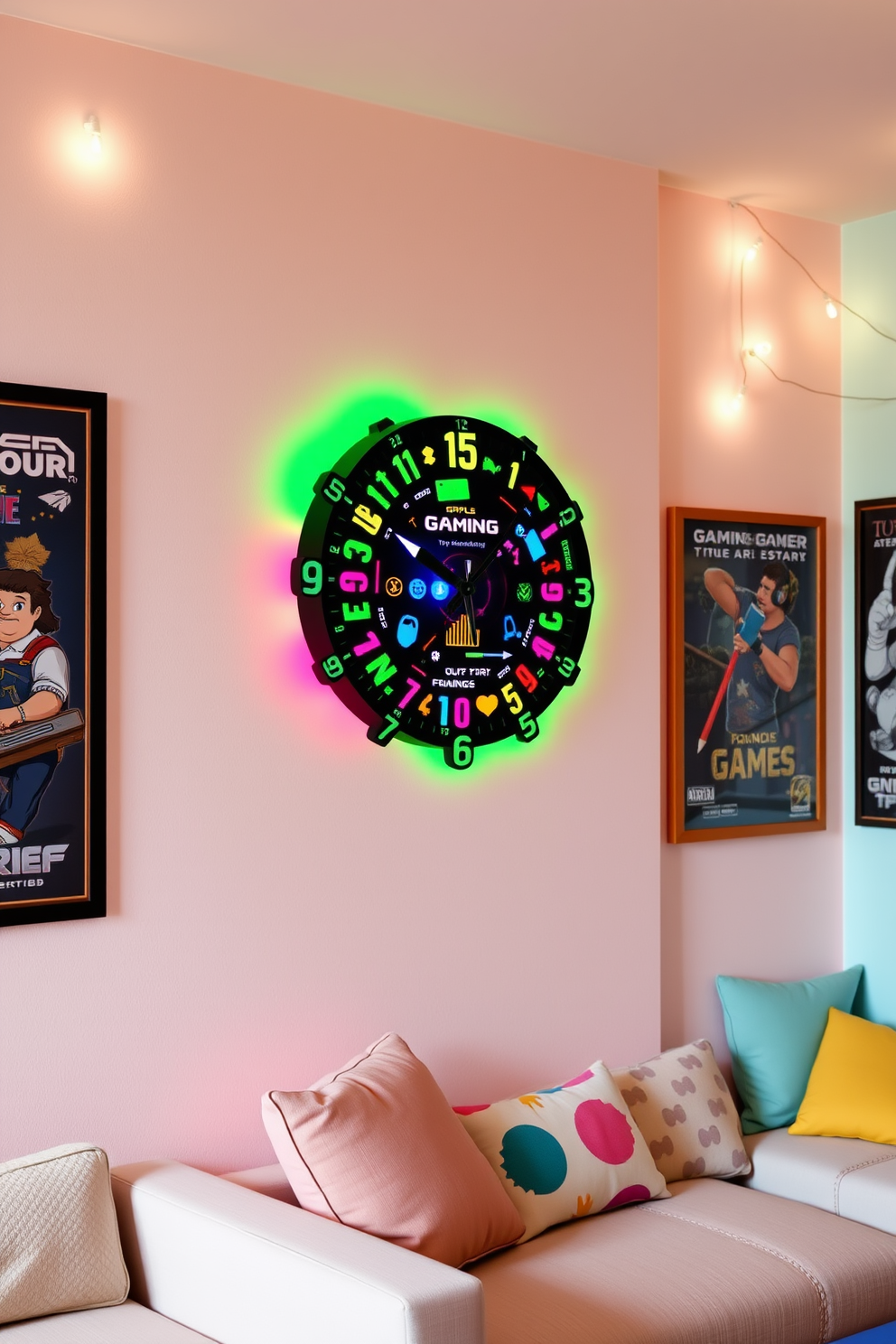 A vibrant girls game room featuring a large gaming-themed mural on one wall, showcasing popular video game characters and landscapes. The room is filled with colorful bean bag chairs and a sleek gaming console setup, creating a fun and inviting atmosphere.