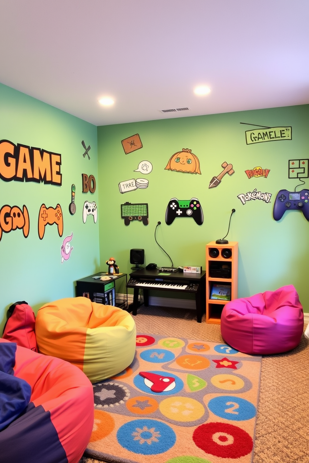 A vibrant game room designed for girls, featuring bold geometric patterns on the walls and floor. The furniture includes a mix of colorful bean bags and a sleek gaming console setup, creating a fun and inviting atmosphere. Bright accents in pink and teal complement the modern aesthetic, while playful artwork adorns the walls. A cozy nook with a large rug provides a perfect spot for relaxation and socializing.