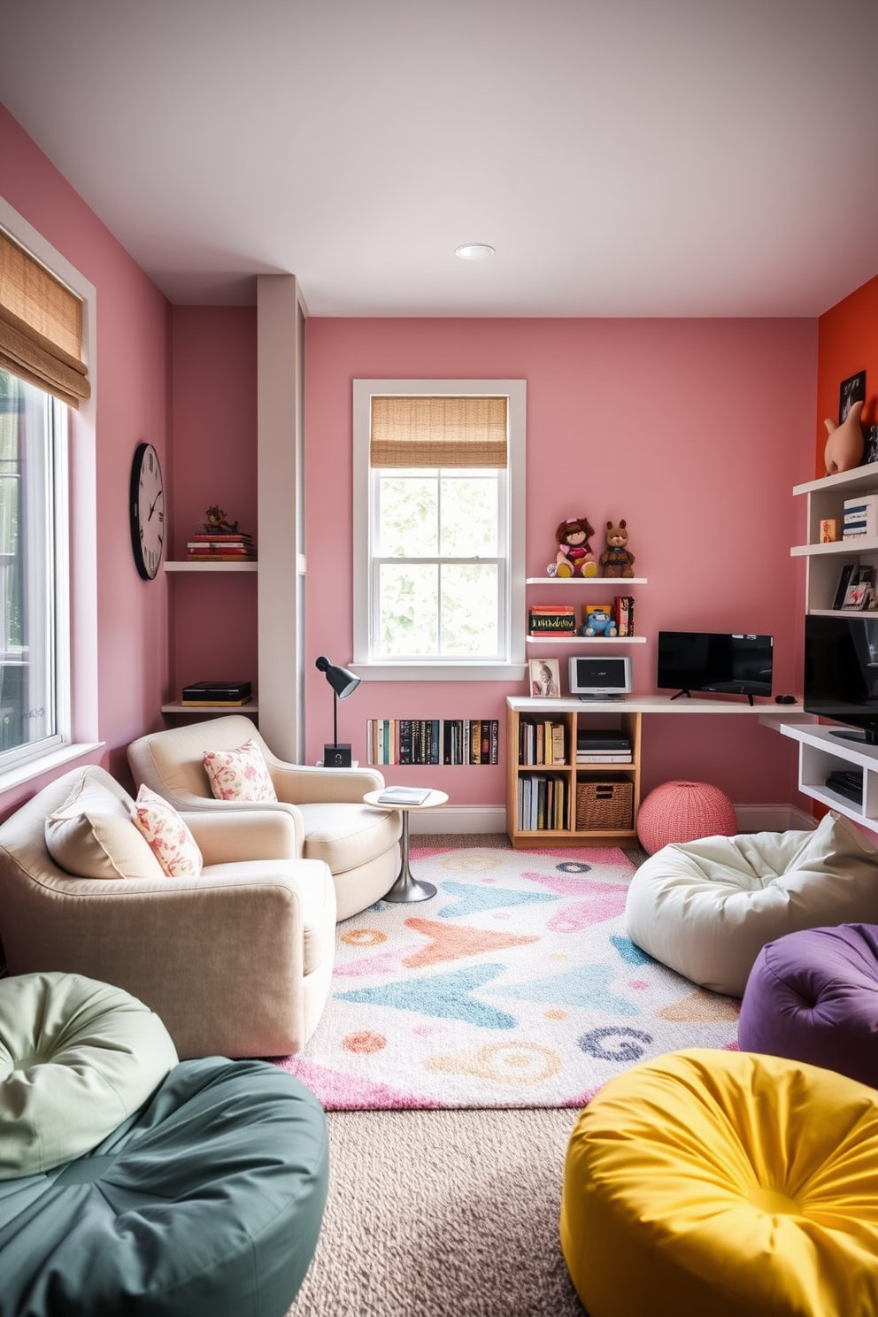 A cozy nook for reading and gaming features a plush oversized armchair in a soft pastel color positioned next to a large window that lets in natural light. A small side table holds a stack of books and a stylish lamp, while a colorful rug adds warmth to the space. The girls game room design includes a vibrant accent wall painted in a playful hue, with shelves displaying board games and video game consoles. Comfortable floor cushions and bean bags are scattered around, creating an inviting atmosphere for friends to gather and enjoy gaming sessions.