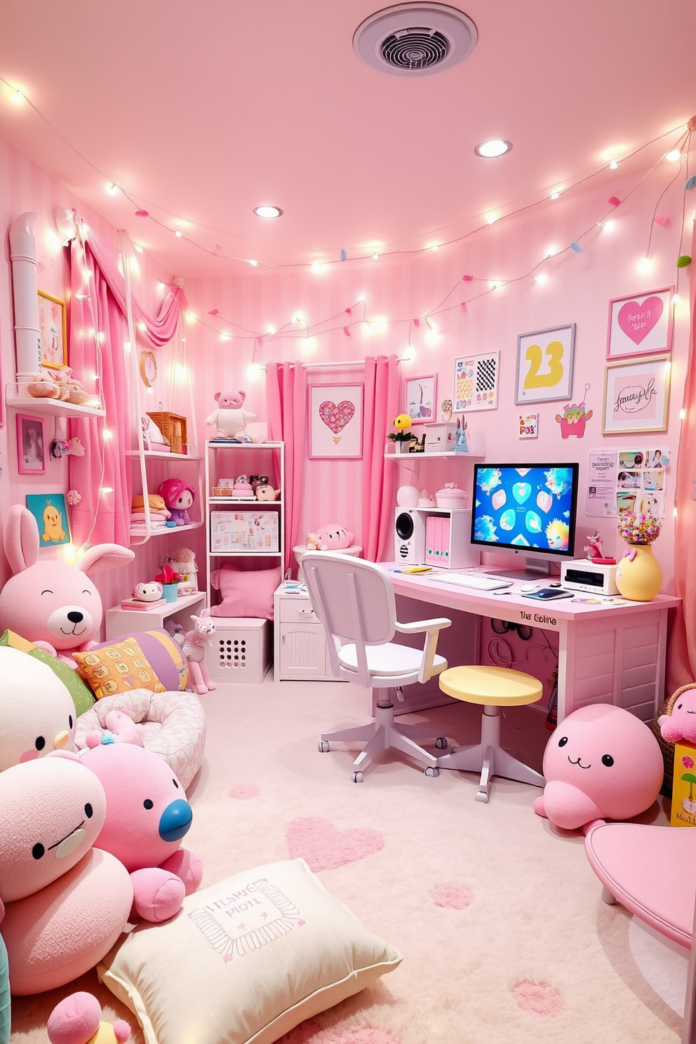 A vibrant girls game room featuring wall-mounted shelves for game storage. The shelves are filled with colorful game boxes and plush toys, creating a playful and inviting atmosphere.