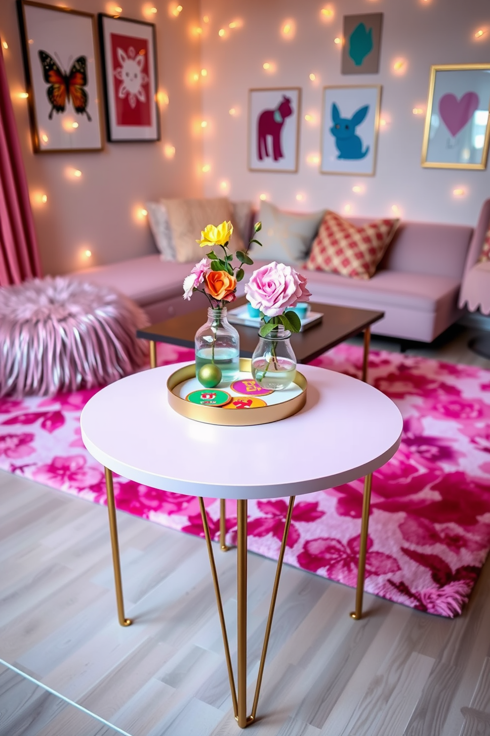 A stylish side table designed for a girls game room features a sleek round top in a pastel color with elegant gold legs. The table is adorned with a small decorative tray holding colorful coasters and a playful vase with fresh flowers. Incorporating a cozy seating area, the game room includes a vibrant rug and plush cushions surrounding a low coffee table. The walls are decorated with fun artwork and fairy lights, creating a whimsical atmosphere perfect for entertainment and relaxation.