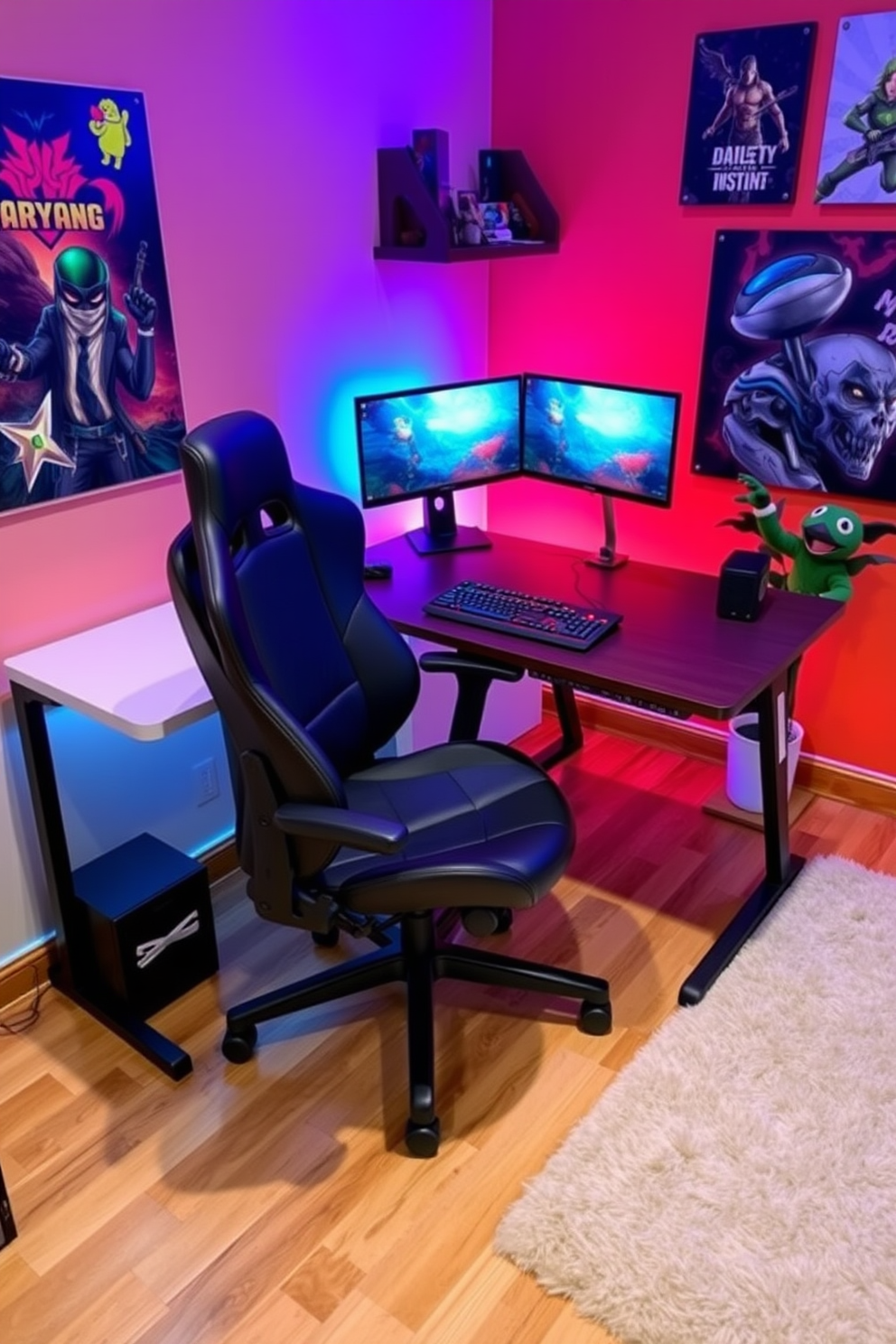 A stylish gaming desk setup designed for comfort and functionality. The desk features a sleek surface with built-in cable management and an ergonomic chair that provides excellent support during long gaming sessions. The room is decorated in vibrant colors with gaming-themed artwork on the walls. Soft LED lighting enhances the atmosphere, and a plush rug adds warmth to the space.