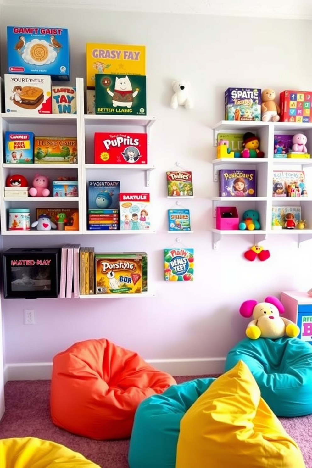 A vibrant game room designed for girls features wall-mounted shelves filled with colorful board games and plush toys. The walls are painted in a playful pastel shade, and a cozy seating area with bean bags invites friends to gather and play.