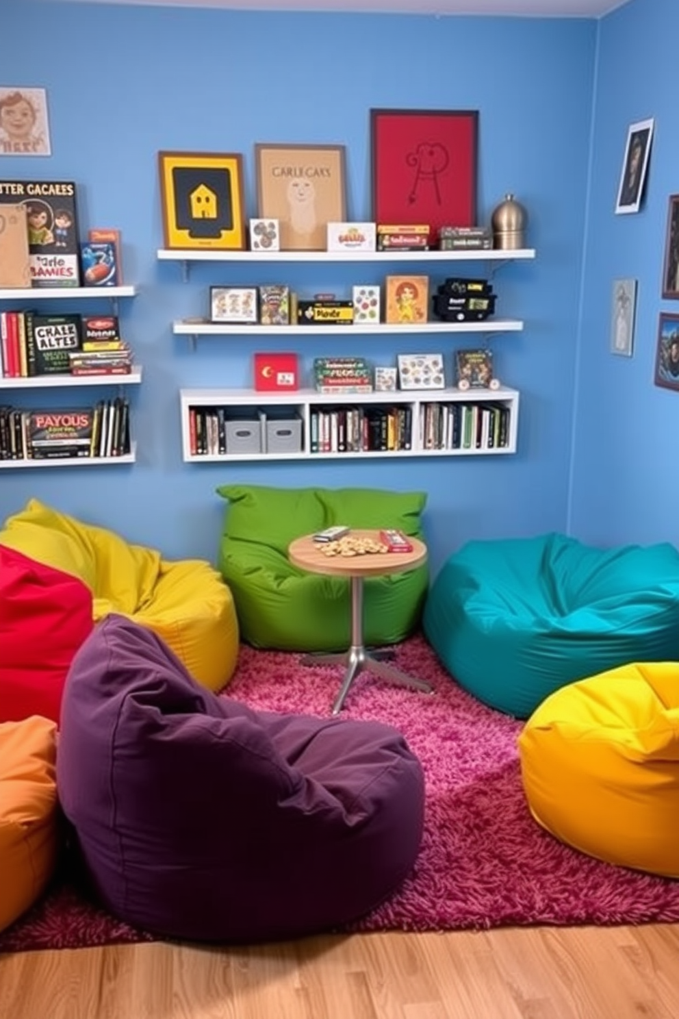 A vibrant game room featuring vintage arcade games as decor pieces. The walls are adorned with colorful posters of classic video games, and plush seating is arranged for comfort and style.