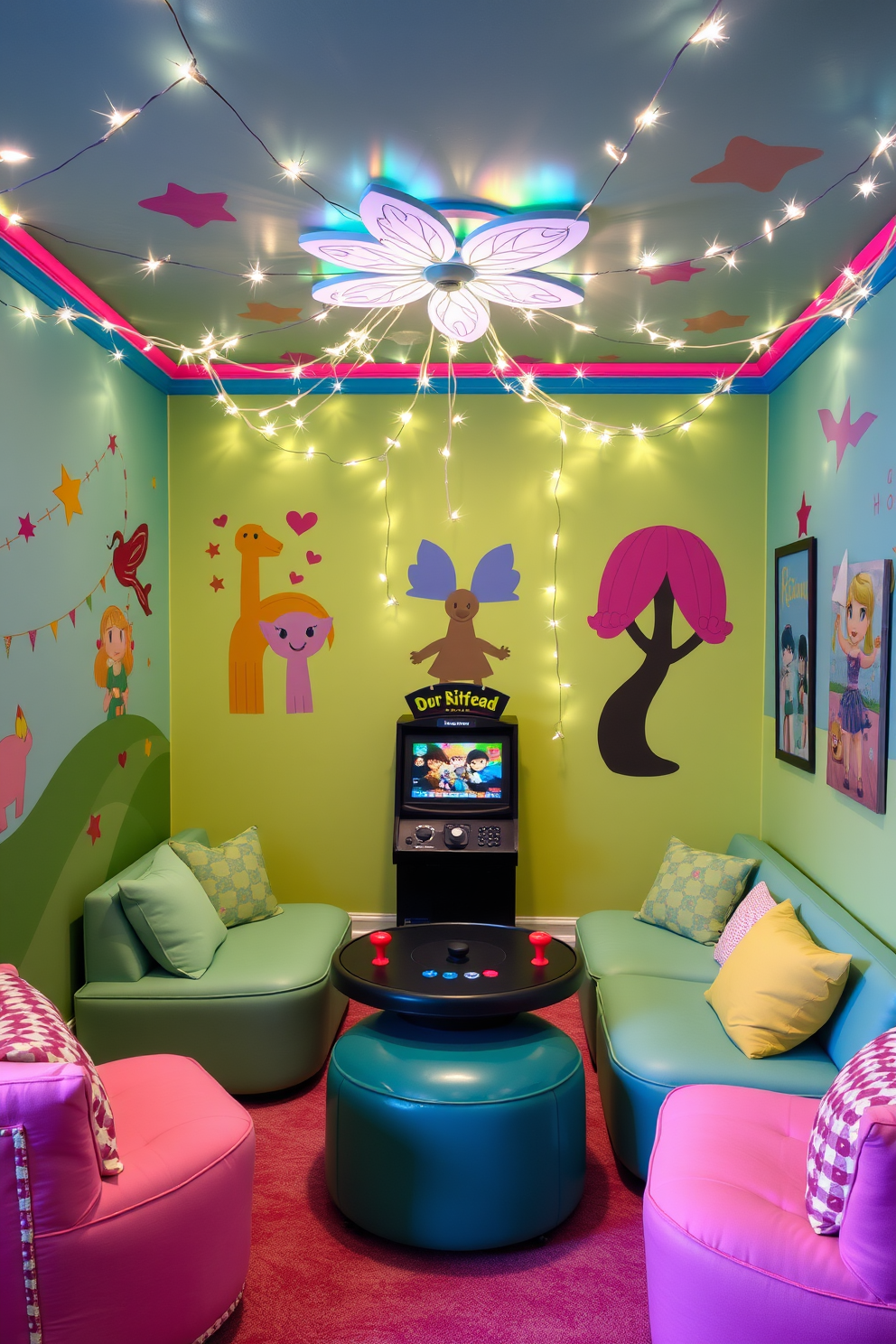 A vibrant game room designed for girls featuring colorful walls adorned with playful artwork. Soft seating options are arranged around a central gaming console, and fairy lights hang from the ceiling to create a magical ambiance.