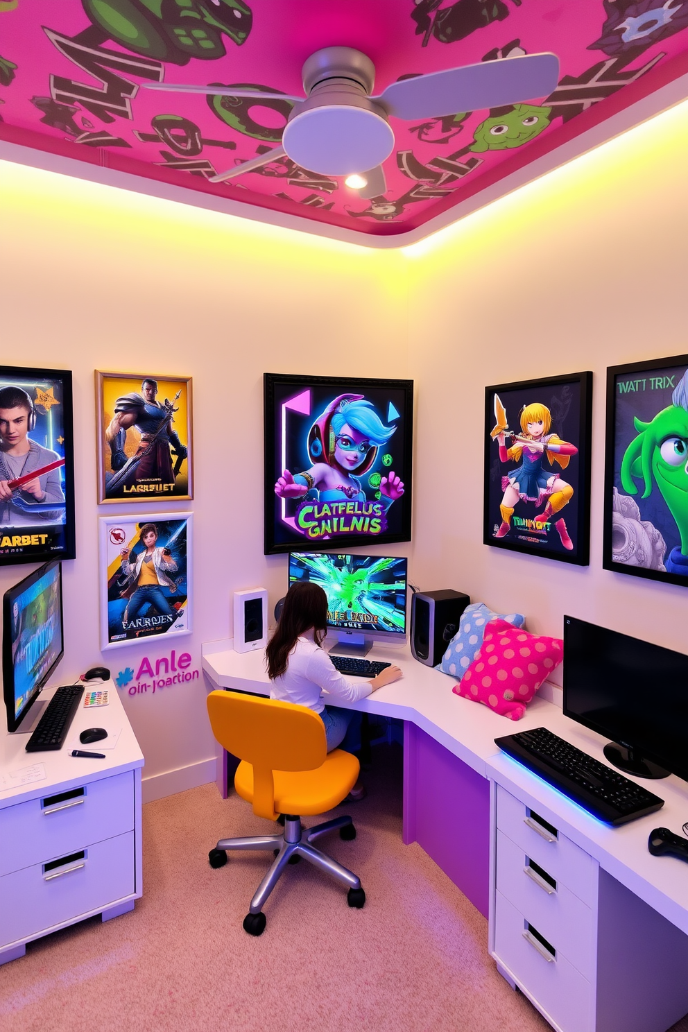 A customized gaming desk features sleek lines and a glossy finish, adorned with pink accents that add a playful touch. The room is designed with vibrant wall art and comfortable seating, creating an inviting atmosphere for gaming and relaxation.