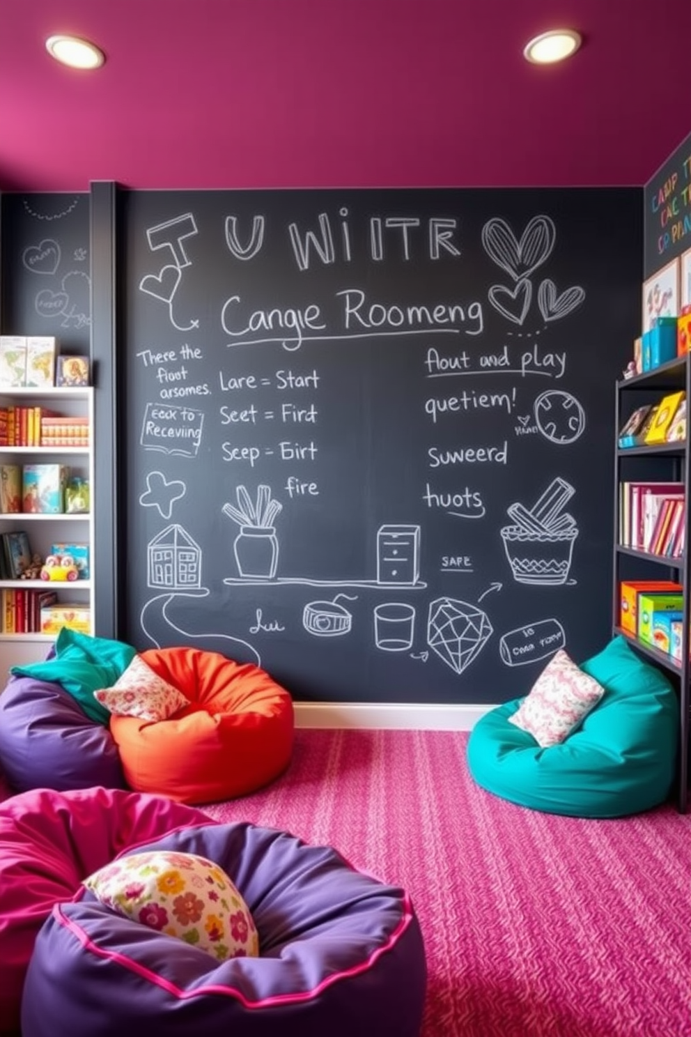 A vibrant game room designed for girls features an interactive chalkboard wall that encourages creativity and play. The space is filled with colorful bean bags, a cozy reading nook, and shelves adorned with games and art supplies.