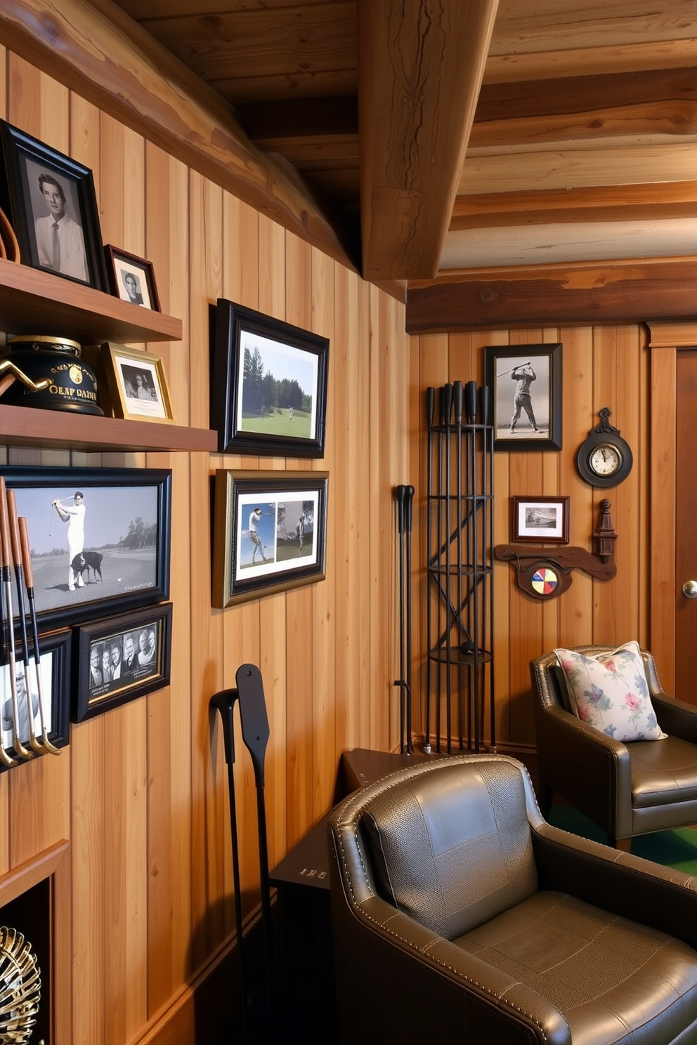 A cozy man cave featuring rustic wood accents throughout the space. The walls are adorned with shelves displaying golf memorabilia, including framed photographs and vintage clubs.