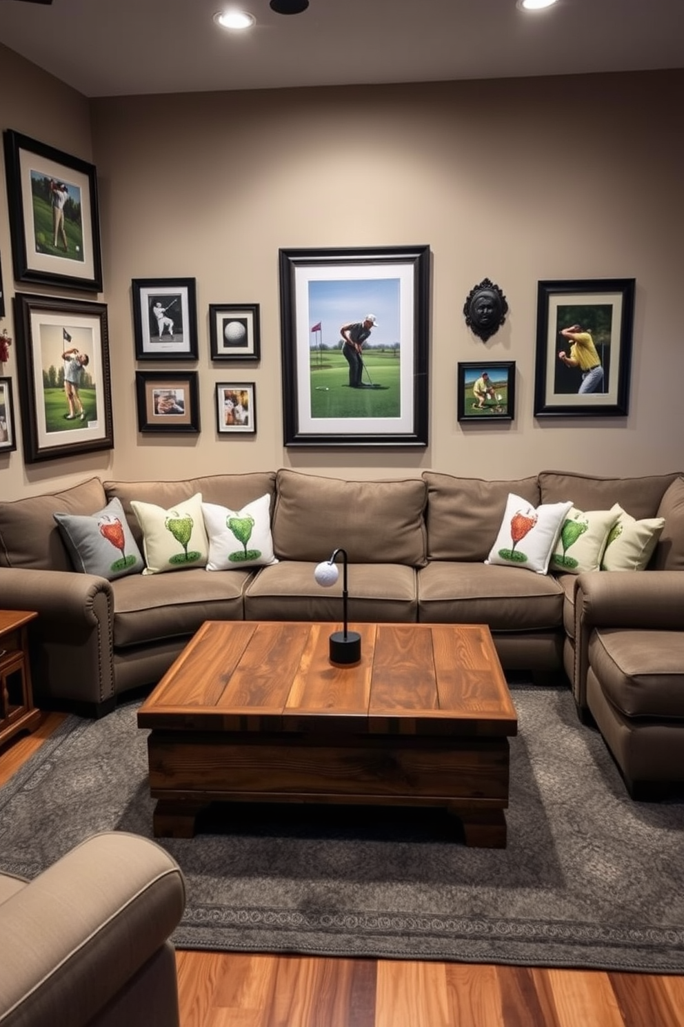 A cozy seating area designed for a golf enthusiast. The space features a plush sectional sofa adorned with golf-themed cushions and a rustic wooden coffee table at the center. On the walls, framed golf memorabilia and artwork create an inviting atmosphere. Soft ambient lighting enhances the relaxed vibe, making it the perfect spot for entertaining friends or enjoying a quiet evening.