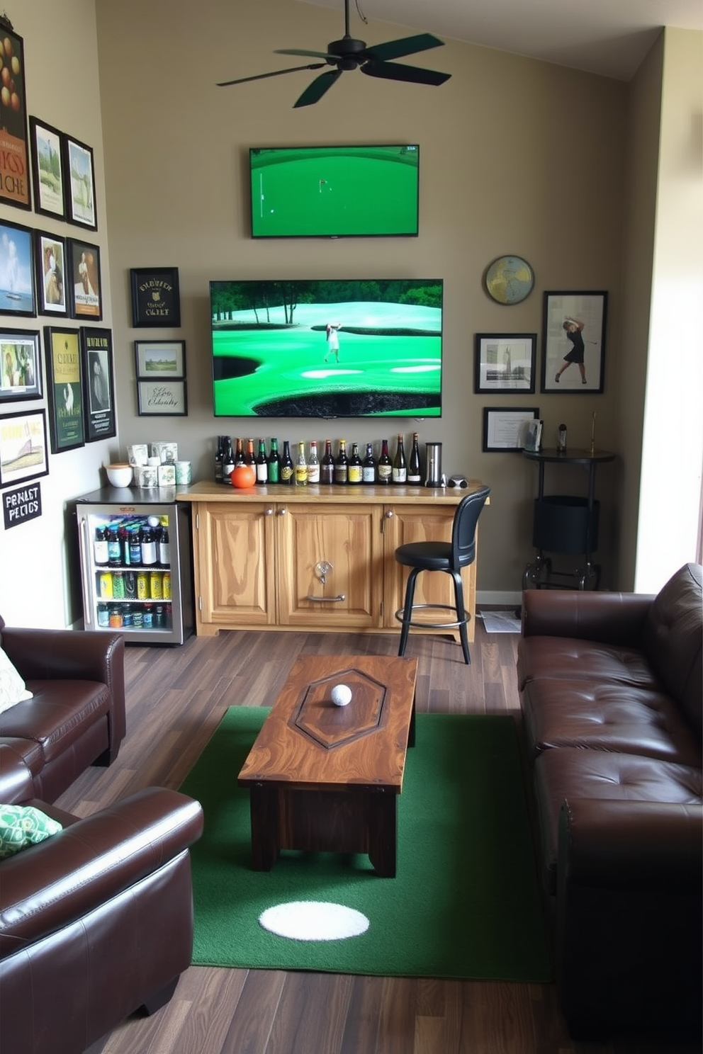 A mini fridge stocked with favorite beverages sits in the corner of a stylish golf man cave. The walls are adorned with framed golf memorabilia and a large flat-screen TV is mounted above a sleek bar area. Comfortable leather seating surrounds a rustic wooden coffee table, creating an inviting space for relaxation. A putting green rug adds a playful touch to the floor, complementing the overall golf-themed decor.