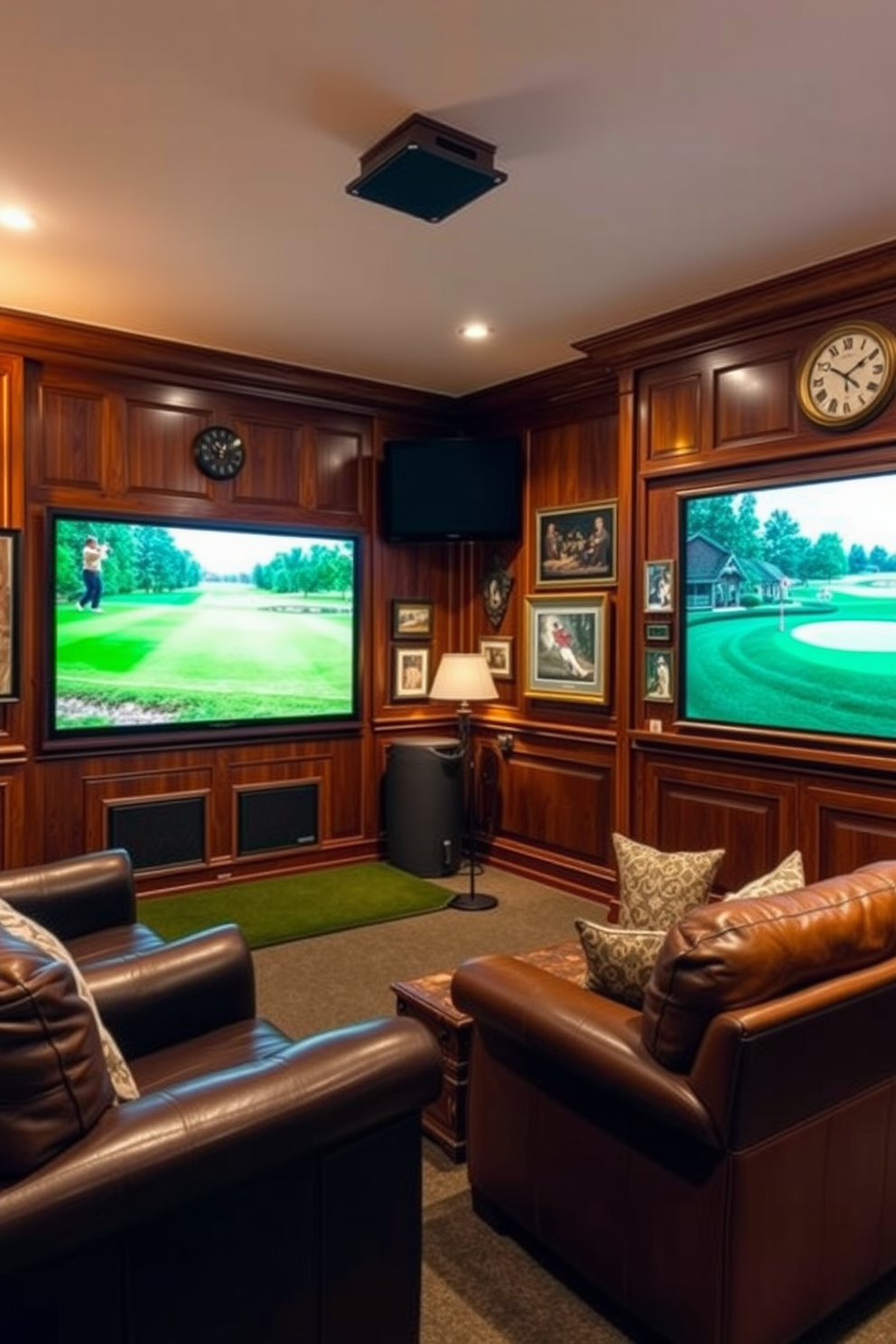 A cozy golf man cave featuring rich wood paneling and plush leather seating. The space is illuminated by mood lighting with dimmers, creating a warm and inviting atmosphere perfect for relaxation. On one wall, a custom golf simulator setup is integrated with a large screen displaying various golf courses. Vintage golf memorabilia and framed photographs adorn the walls, adding a personal touch to the decor.