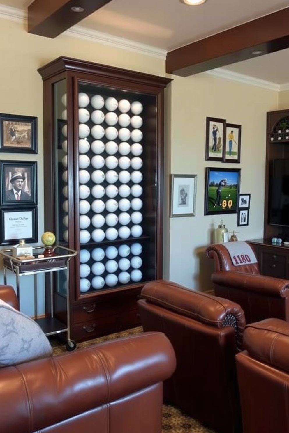 A stylish golf ball display case showcasing a collection of rare golf balls arranged in a shadow box. The case is made of dark wood with glass doors, allowing for easy viewing while protecting the collectibles from dust. A cozy golf man cave designed with rich leather seating and a vintage bar cart. The walls are adorned with framed golf memorabilia and a large flat-screen TV for watching tournaments.