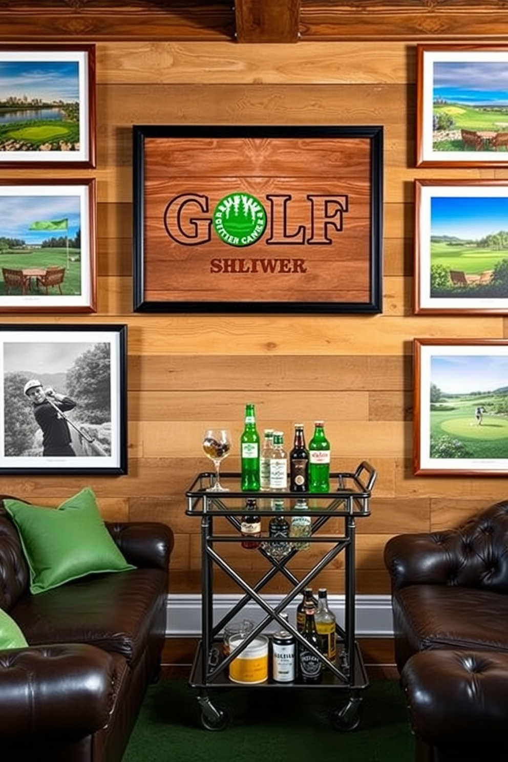 A stylish game table designed for cards and drinks. The table features a rich mahogany finish with a green felt surface, surrounded by comfortable leather chairs. The room embodies a golf-themed man cave with vintage golf memorabilia adorning the walls. Soft lighting creates a cozy atmosphere, complemented by a mini bar stocked with premium spirits and golf-themed decor.