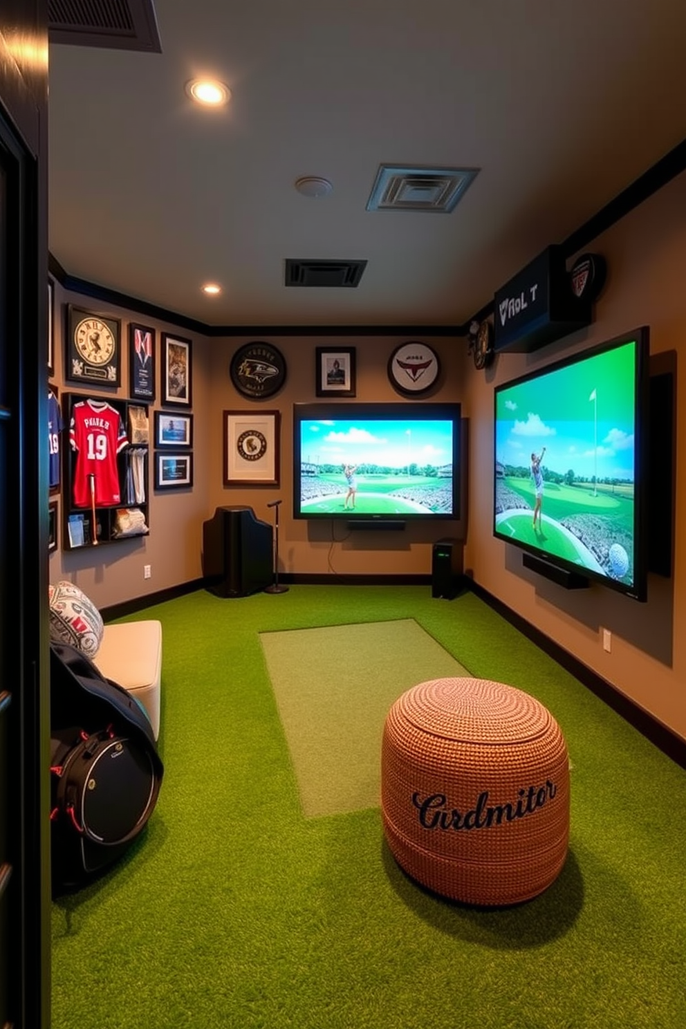 A stylish golf man cave featuring framed sports jerseys displayed on the walls. The room is decorated with rich wood paneling, plush leather seating, and a mini bar stocked with premium beverages.