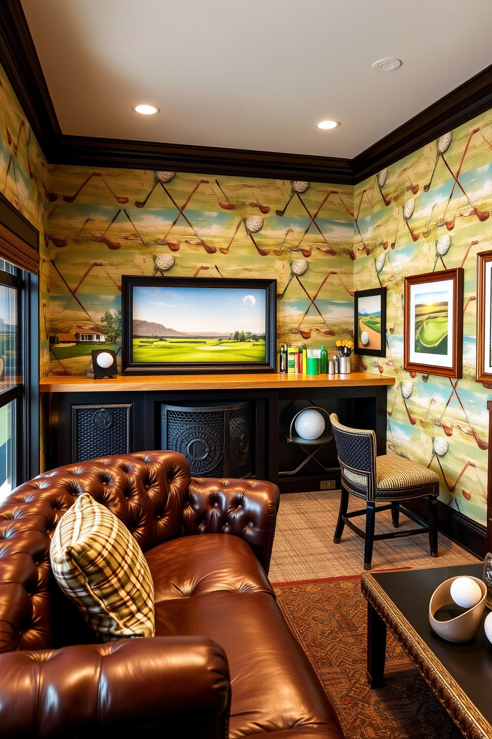 A stylish golf-themed man cave featuring wallpaper adorned with vintage golf clubs and scenic golf course landscapes. The room includes a plush leather sofa, a custom bar with golf ball details, and framed golf memorabilia on the walls.